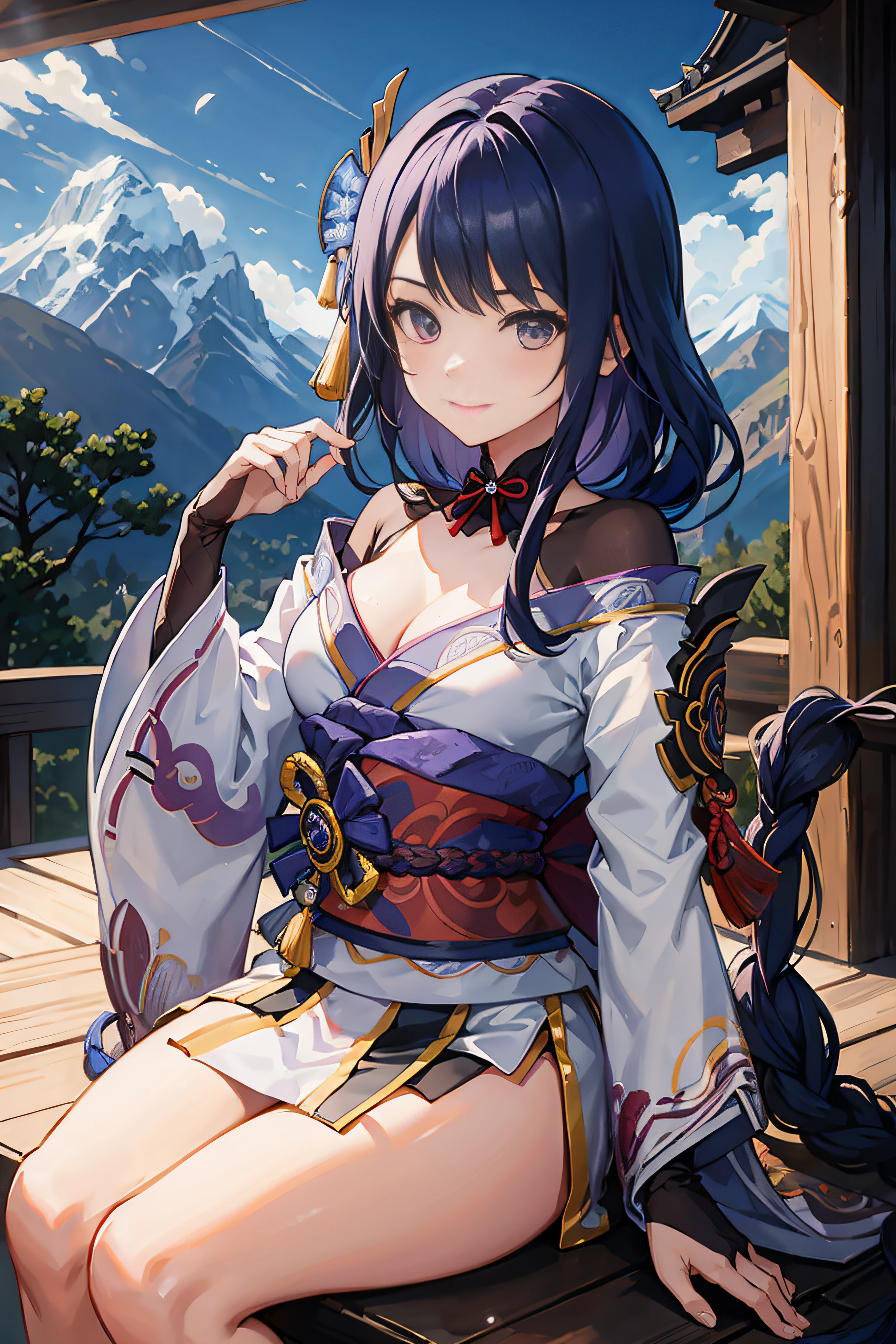 aidenshogundef, long hair, smile, looking at viewer, mountain, sky, tample, simple background, moody lighting, cute face, masterpiece, better quality, blush, outdoor