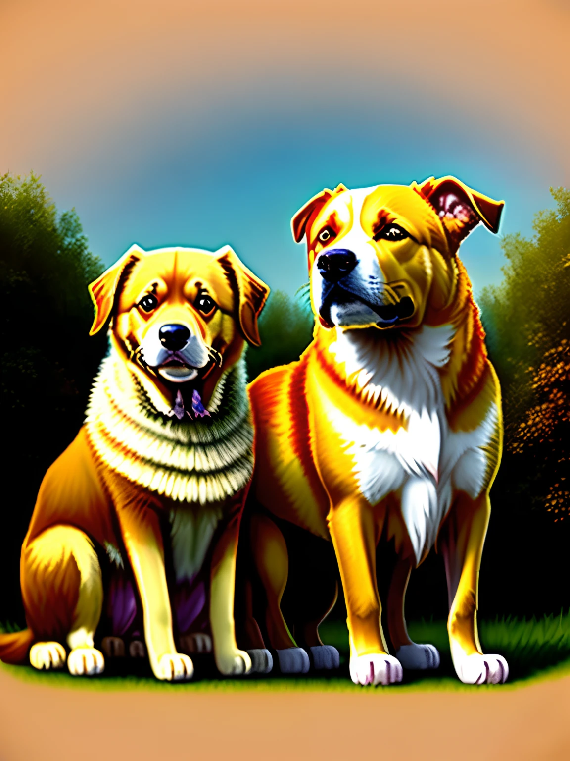 Bild mit vier Hunden. Einer deutsche Dogge, zwergspitz, pitbull, golden Retriever