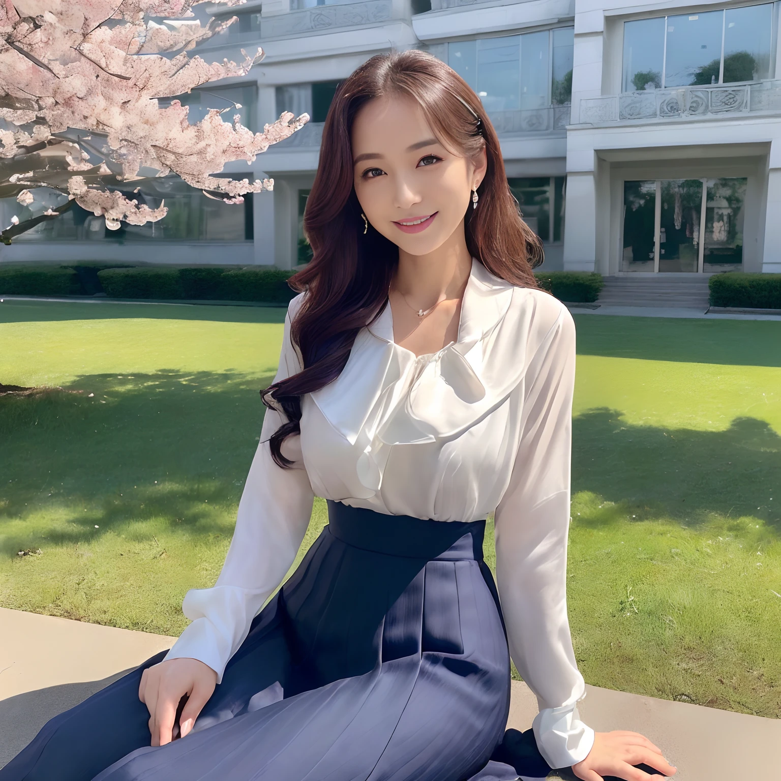 (((masutepiece、top-quality、Top image quality、in 8K、Award-Winning Works、a high chroma、Vivid、Bright and saturated、Very glamorous and refreshing atmosphere)))、(1人の女性,japanese beautiful woman,40 years、1 female、Old face、A MILF、Wrinkles on the face、Biggest smile、Ceremony Suit、jaket、Onepiece、Classy blouse、Wrinkles at the corners of the eyes、nasolabial folds)、(((Navy Suit Jacket、Formal blouse、tight skirts、Navy jacket and tight skirt、Midi length skirt、Skirt without folds、Ceremony Suit、High-quality tote bag1I have one、Wearing a pearl necklace、She wears a large corsage on her chest、Luxurious corsage on the chest、is standing)))、((((The background is a large school in Japan、4-storey rectangular school building、Modern School、A school building that looks like a reinforced concrete school building、4-storey square building、Modern School、Angular school building、Square roof、Rectangular School、Reinforced Concrete Square School、Four corners glaze、Lots of square windows、Clean square window glass、Square glaze、Lots of square windows、4-storey New School、Beautiful school、Realistic school building with 4 floors、Perfectly recreated four-story school building、Exterior of the school building、Square box-shaped school building、Four-story school building、Lots of square windows))))、(((Cherry blossom petals flutter、blue-sky、Clear blue sky、Beautiful blue sky、A lot of cherry blossom petals have fallen on the ground、waved hair、Beautiful wavy hair、Hair swaying in the wind、Gentle breeze、Hair swaying in the wind、Cherry blossom petals、Sunshine、Cherry blossom trees in full bloom、a large amount of cherries、cherry blossom in full bloom、Lots of cherry trees、Perfect makeup, Looking at the camera,The most beautiful faces in Japan、Big smile、The happiest smile、Big smile、Biggest smile、A detailed face、Staring at this、Take a photo above from your lap、Elegant Hair、Slimed、Emphasize the bulge of the chest、super-fine、Formal hairstyle、Abundant hairline hair、perfect glossy skin、Perfect shiny hair、Detailed and complex background、Perfect Anatomy)))