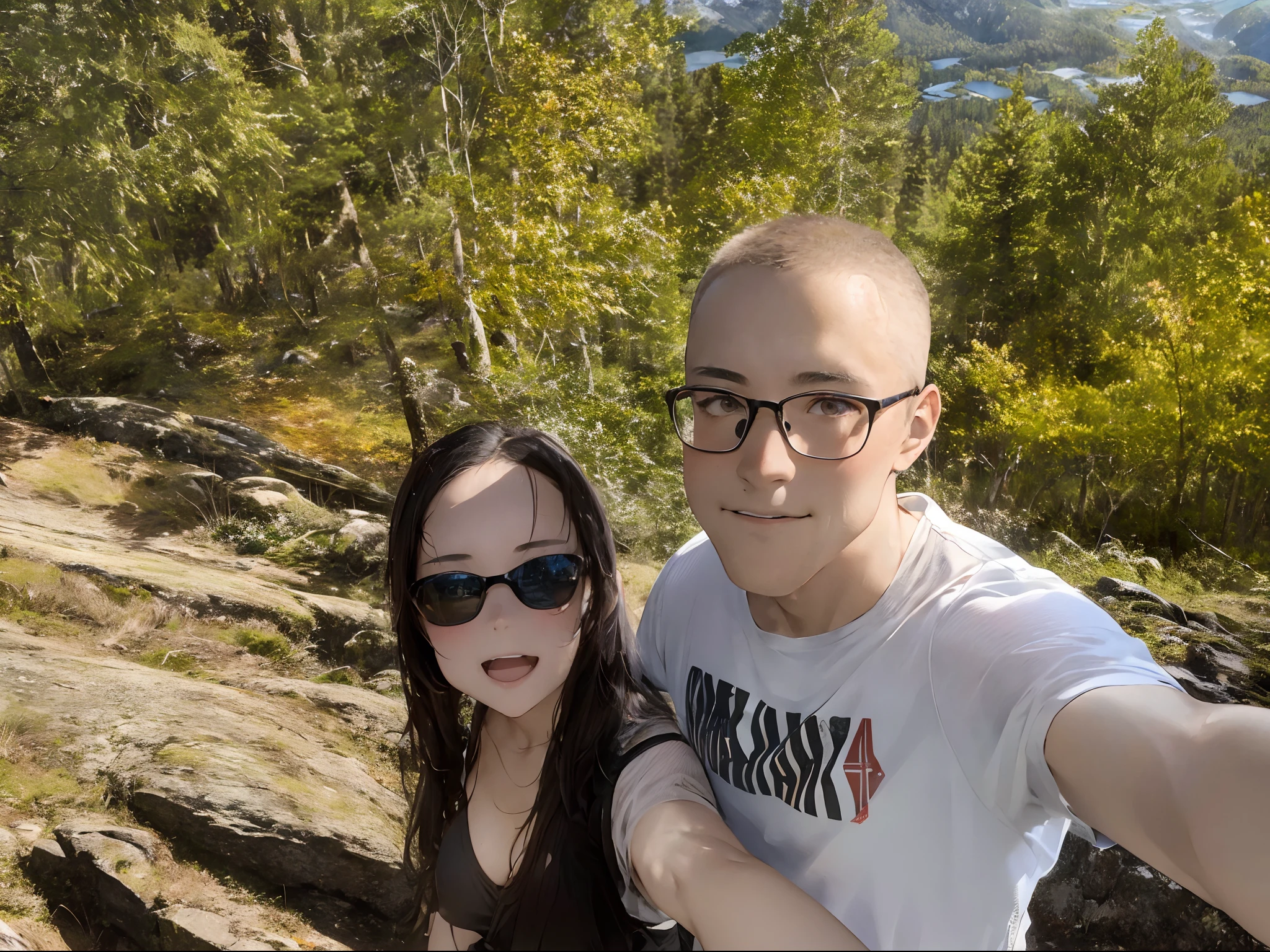 Man and woman taking selfie on mountain, in the mountains, on the mountain, Forest in the background, in front of a forest background, on a rock, vacation photo, in the woods, against the backdrop of trees, in sunny weather, At the top of the mountain, absurdres, high res, ultrasharp, 8K, masterpiece
