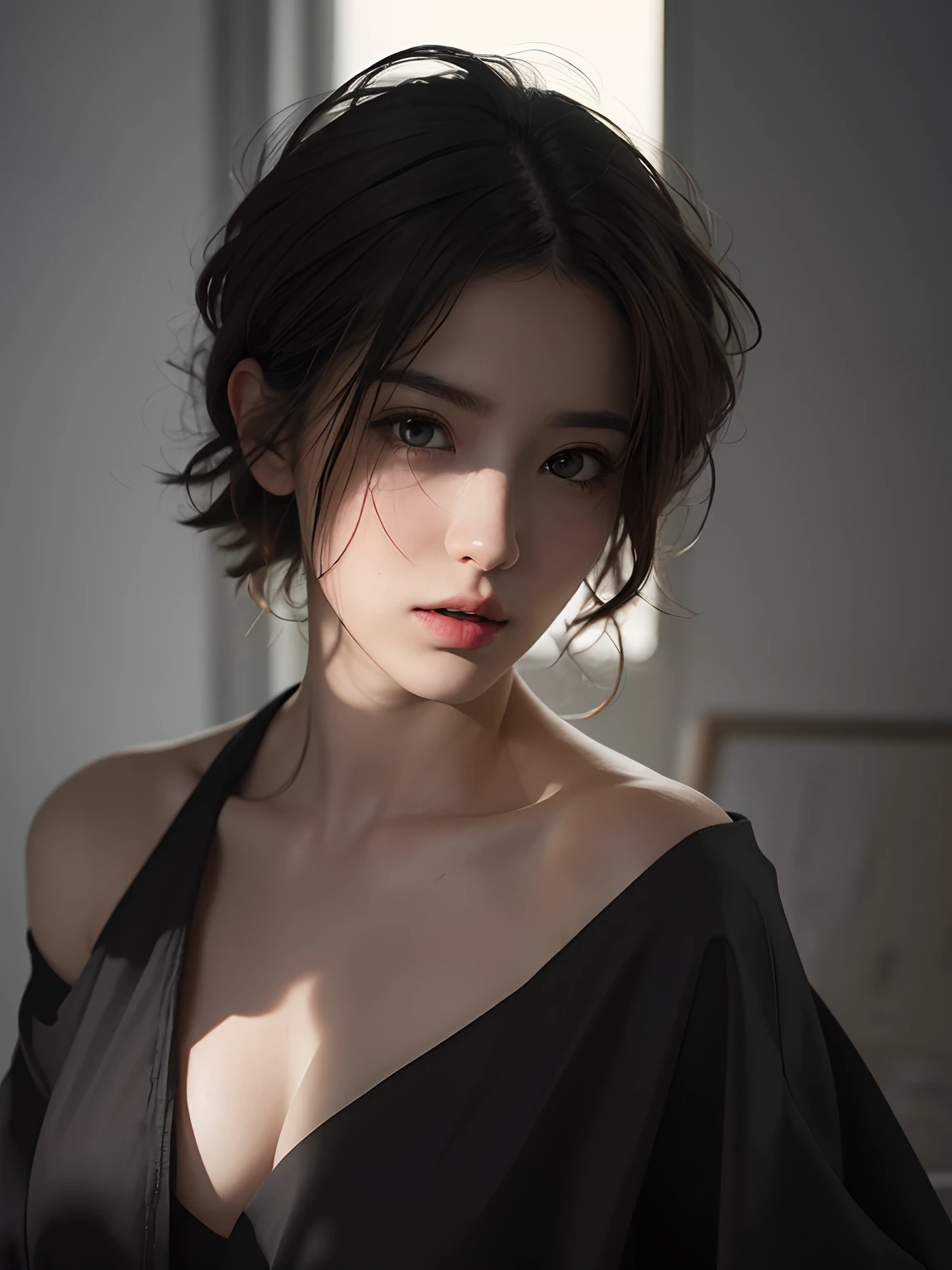 Best quality, masterpiece, ultra high res, (photorealistic:1.5), raw photo, 1girl, offshoulder, in the dark, deep shadow, low key, cold light, sexy look, short hair