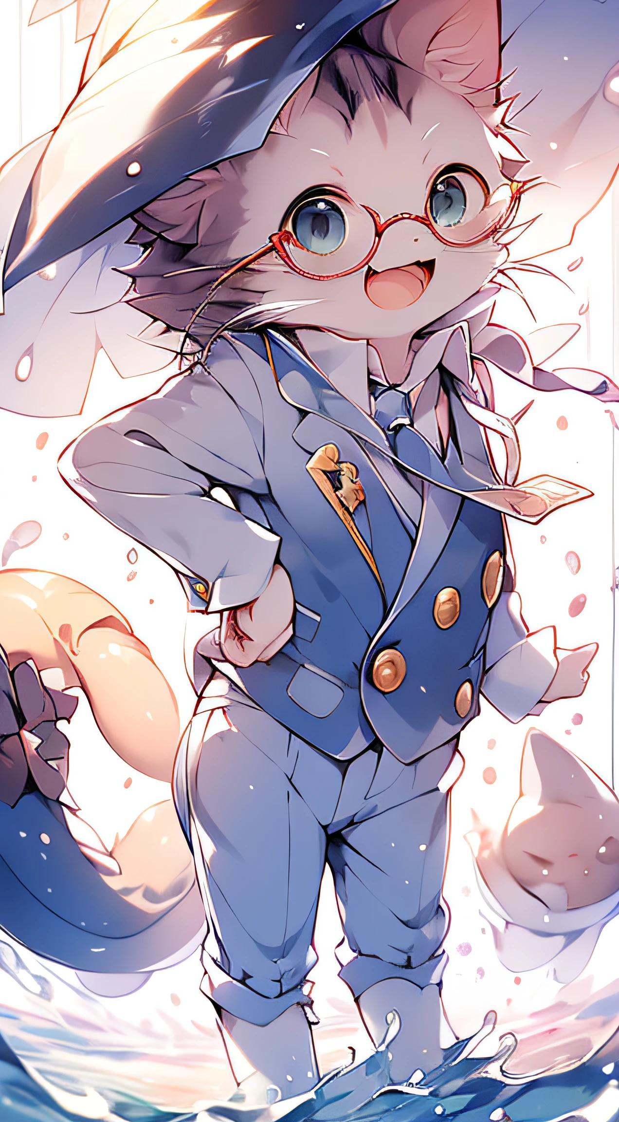 No man, Anime cat, :3, wearing cute (octopus hat), (Animal), view the viewer, Open mouth, with a pure white background, Smile, stylish navy blue suit,clean white shirt,crisp suit collar,banker pose,confident posture, fine pocket square,buttoned suit jacket,navy blue tie, waring circle glasses,glasses reflection,modern background,professional lighting,pleasant atmosphere