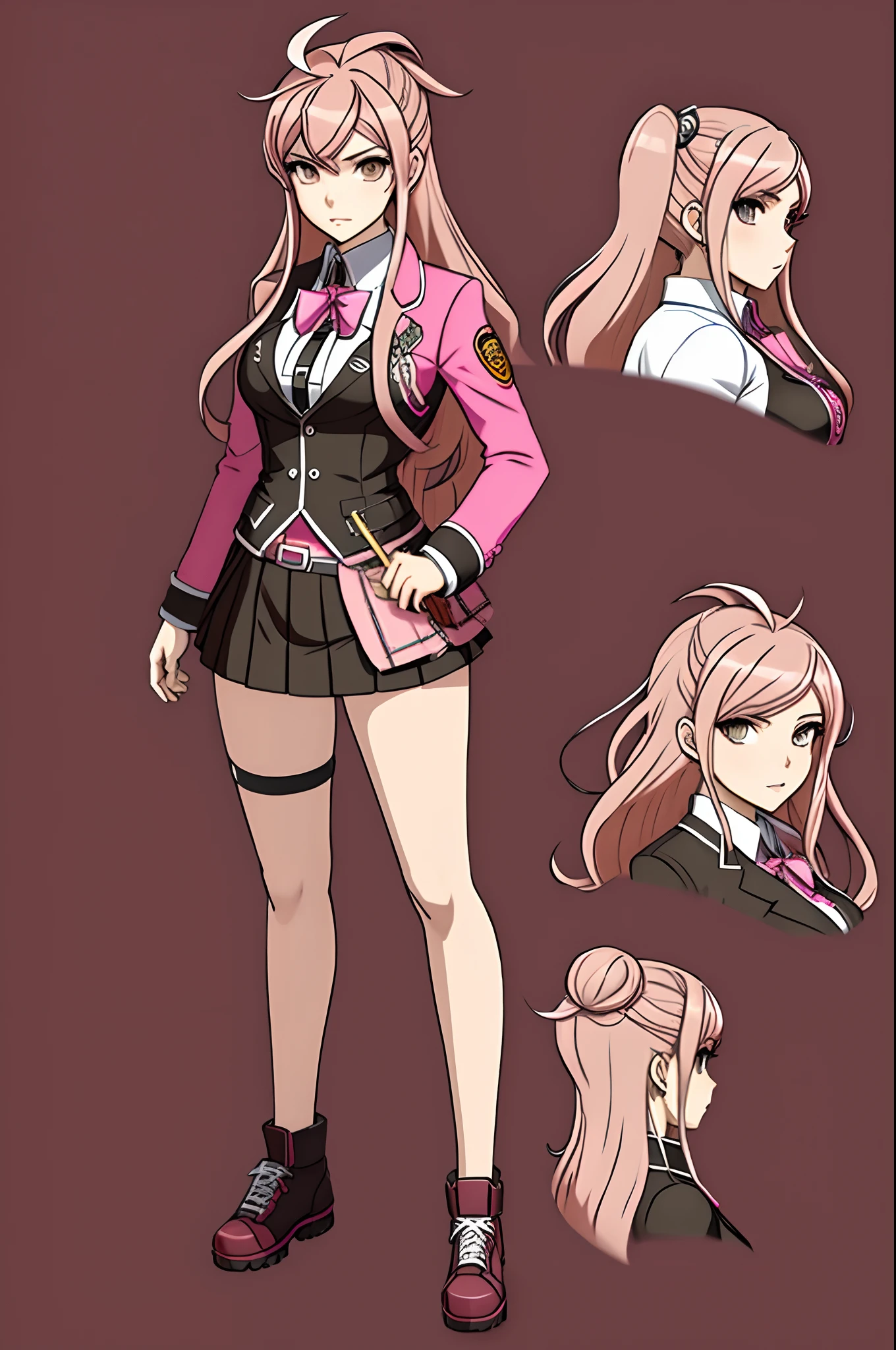 danganronpa sprite art style, a 18 year old girl, with pink hair,long hair,brown eyes ,shows full body, character design sheet