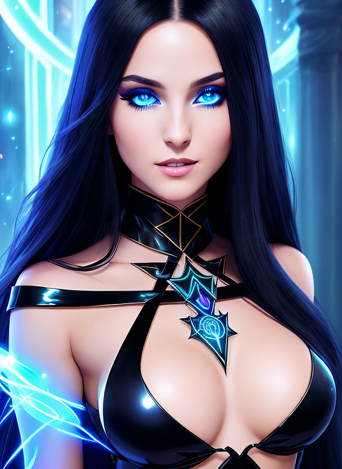 Powerful sorceress posing for a close up, enchantress in silky black dress (bare shoulders), long flowing black hair, wanting a kiss, facing viewer, looking at viewer, enticing viewer with magic, highly detailed face, alluring blue eyes, real, symmetrical, high detail, best quality, astral body, chaos atmosphere, 1female, bioluminescent magic elements, clothes, 8k magic