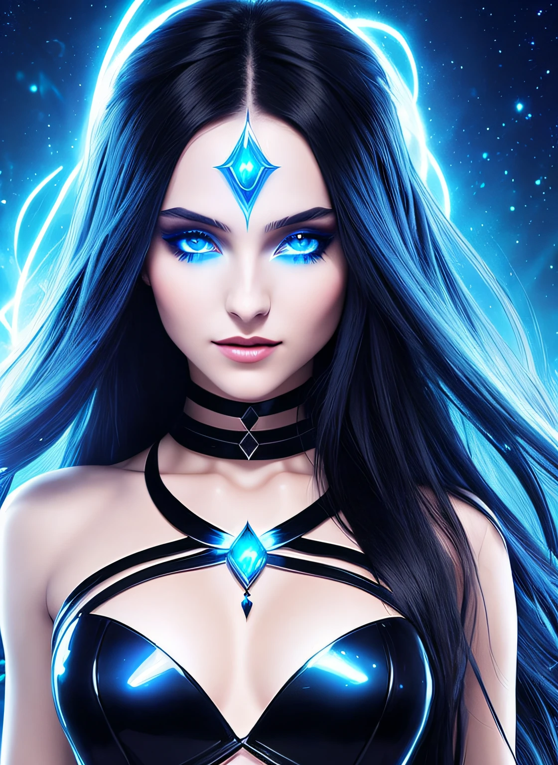 Powerful super villainess posing for a close up, goddess in silky dress (bare shoulders), long flowing hair, facing viewer, looking at viewer, highly detailed face, perfect hands, loves being evil, mesmerizing blue eyes, real, symmetrical, high detail, best quality, astral body, chaos atmosphere, 1female, bioluminescent magic elements, 8k