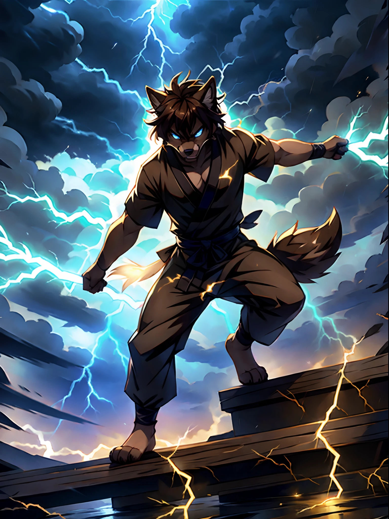 Jaiden, solo, brown wolf, dark brown shaggy hair, wearing hand wraps, ninja shirt, hakama pants, barefoot, feet paws, 4 toes, ninja stance, outdoors, thunderstorm outside, stormy weather, surrounded by thunder energy, electricity surging from his arms, glowing blue eyes, yelling, angry face, brown wolf tail, by gudlmok99, (engulfed in magical lightning energy):5