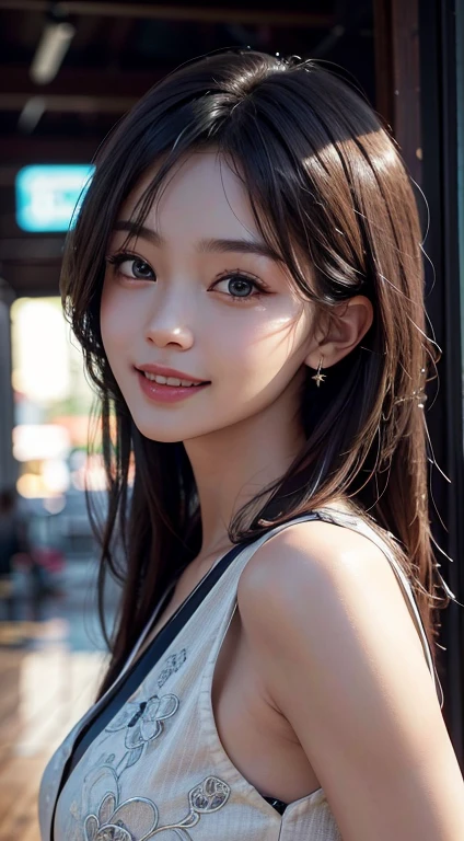 Masterpiece, 1 Beautiful Girl, Detailed, Swollen Eyes, Top Quality, Ultra High Resolution, (Reality: 1.4), Original Photo, 1Girl, Cinematic Lighting, Smiling, Japanese, Asian Beauty, Korean, Clean, Super Beautiful,  Young Face, Beautiful Skin, Slender, Cyberpunk Background, (ultra realistic), (high resolution), (8K), (very detailed), (best illustration), (beautifully detailed eyes), (super detailed), (wallpaper), (detailed face), viewer looking, fine detail, detailed face, pureerosfaceace_v1, smiling, 46 point slanted bangs, looking straight ahead, neat clothes, dark colored eyes, clothes sleeveless, body facing front,