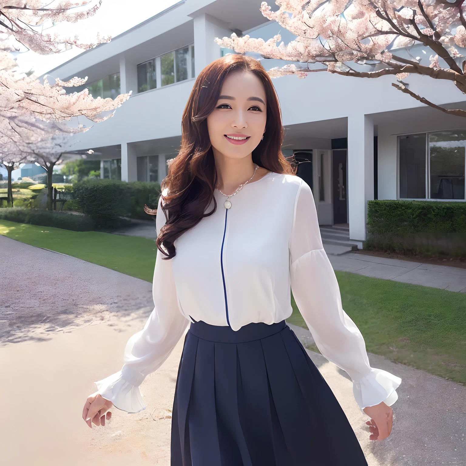 (((masutepiece、top-quality、Top image quality、in 8K、Award-Winning Works、a high chroma、Vivid、Bright and saturated、Very glamorous and refreshing atmosphere)))、(1人の女性,japanese beautiful woman,40 years、1 female、Old face、A MILF、Wrinkles on the face、Biggest smile、Ceremony Suit、jaket、Onepiece、Classy blouse、Wrinkles at the corners of the eyes、nasolabial folds)、(((Navy Suit Jacket、Formal blouse、tight skirts、Navy jacket and tight skirt、Midi length skirt、Skirt without folds、Ceremony Suit、High-quality tote bag1I have one、Wearing a pearl necklace、She wears a large corsage on her chest、Luxurious corsage on the chest、is standing)))、((((The background is a large school in Japan、4-storey rectangular school building、Modern School、A school building that looks like a reinforced concrete school building、4-storey square building、Modern School、Angular school building、Square roof、Rectangular School、Reinforced Concrete Square School、Four corners glaze、Lots of square windows、Clean square window glass、Square glaze、Lots of square windows、4-storey New School、Beautiful school、Realistic school building with 4 floors、Perfectly recreated four-story school building、Exterior of the school building、Square box-shaped school building、Four-story school building、Lots of square windows))))、(((Cherry blossom petals flutter、blue-sky、Clear blue sky、Beautiful blue sky、A lot of cherry blossom petals have fallen on the ground、waved hair、Beautiful wavy hair、Hair swaying in the wind、Gentle breeze、Hair swaying in the wind、Cherry blossom petals、Sunshine、Cherry blossom trees in full bloom、a large amount of cherries、cherry blossom in full bloom、Lots of cherry trees、Perfect makeup, Looking at the camera,The most beautiful faces in Japan、Big smile、The happiest smile、Big smile、Biggest smile、A detailed face、Staring at this、Take a photo above from your lap、Elegant Hair、Slimed、Emphasize the bulge of the chest、super-fine、Formal hairstyle、Abundant hairline hair、perfect glossy skin、Perfect shiny hair、Detailed and complex background、Perfect Anatomy)))