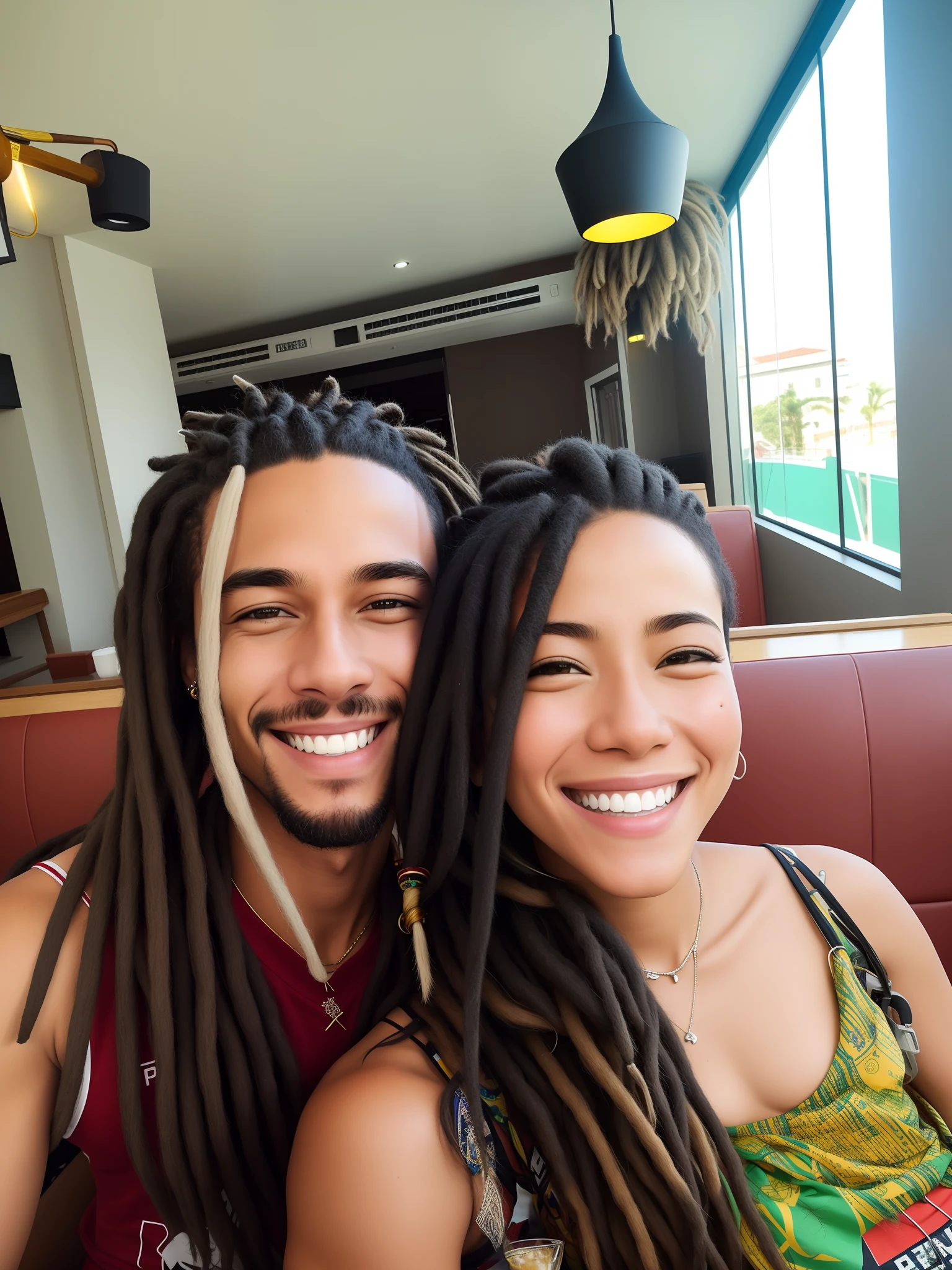 casal sorridente sentado em um restaurante com uma grande janela, retrato de casais, lots of dreadlocks on the head, dreads, Dreadlock cabelo preto, Casal feliz, casal sorridente, dreadlocks longos, dreadlock breed hair, both smiling for the camera, retrato de casal, Retrato de duas pessoas, Tyler Edlin e Natasha Tan, Tiro em Leica, cabelo dreadlock