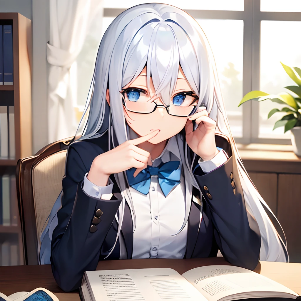blue eyes, long hair, white hair, high school student, glasses, studying, table