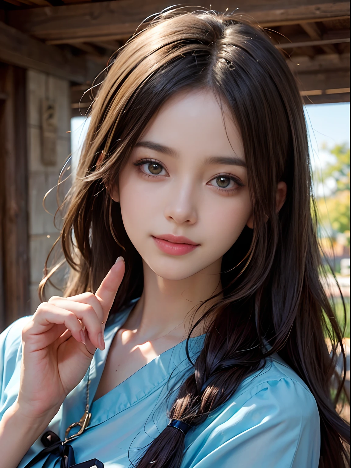 (Alta calidad de imagen 8K), (highest qualityr), (Calidad de imagen RAW),(Masutepiece:1.2), (realista), (fotorrealista:1.37),ojos grandes,long eyeslashes,exquisito(Realistic live-action style),La cara definitiva,Luz y sombra fotorrealistas,rasgos faciales claros,Piel lechosa,piel clara, HighDetailskin,Detalles realistas de la piel,Poro visible,(Super detail),La longitud del cabello larga, (cabello suelto),Los mejores retratos,Disparo desde corta distancia, 1-girl, Lindo,hermosos ojos detallados, hermosa nariz detallada, Piel altamente detallada,cuerpo completo ,(contacto visual),(Tetas colosales、Abundancia de senos)、(Beautiful face with double eyelids), (realismo: 1.4),High image quality, Excelentes detalles, Ultra-high resolution, (Muestra tu mejor sonrisa a la audiencia), , Detalles del favor,,Rostro delicado y hermoso,,20 year,(Cara hermosa 1.4),Un esbelto, (Jersey de punto azul con cuello alto:1.2)、(In a sanctuary with an autumnal atmosphere,Hojas coloreadas)),Muestra tu sonrisa.
