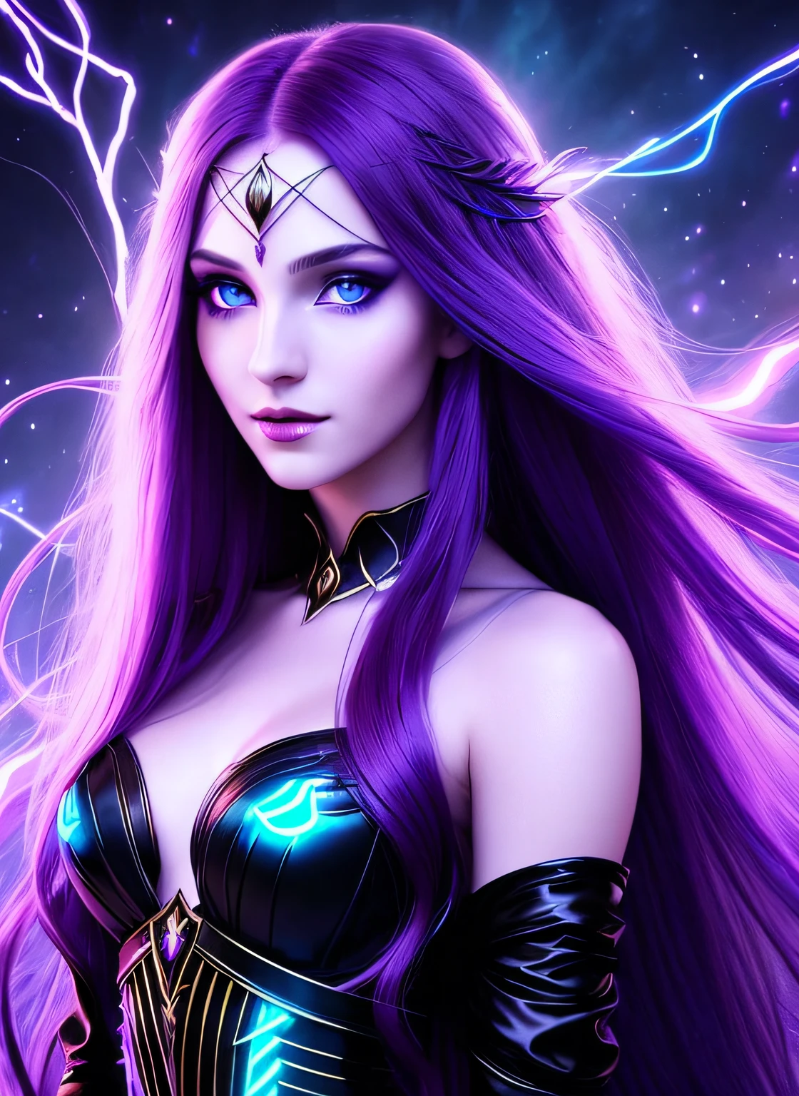 Powerful sorceress posing for a close up, enchantress in silky black dress (bare shoulders), long flowing red hair, wanting a kiss, facing viewer, looking at viewer, enticing viewer with purple magic, highly detailed face, alluring blue eyes, real, symmetrical, high detail, best quality, astral body, chaos atmosphere, 1female, bioluminescent magic elements, clothes, 8k purple magic
