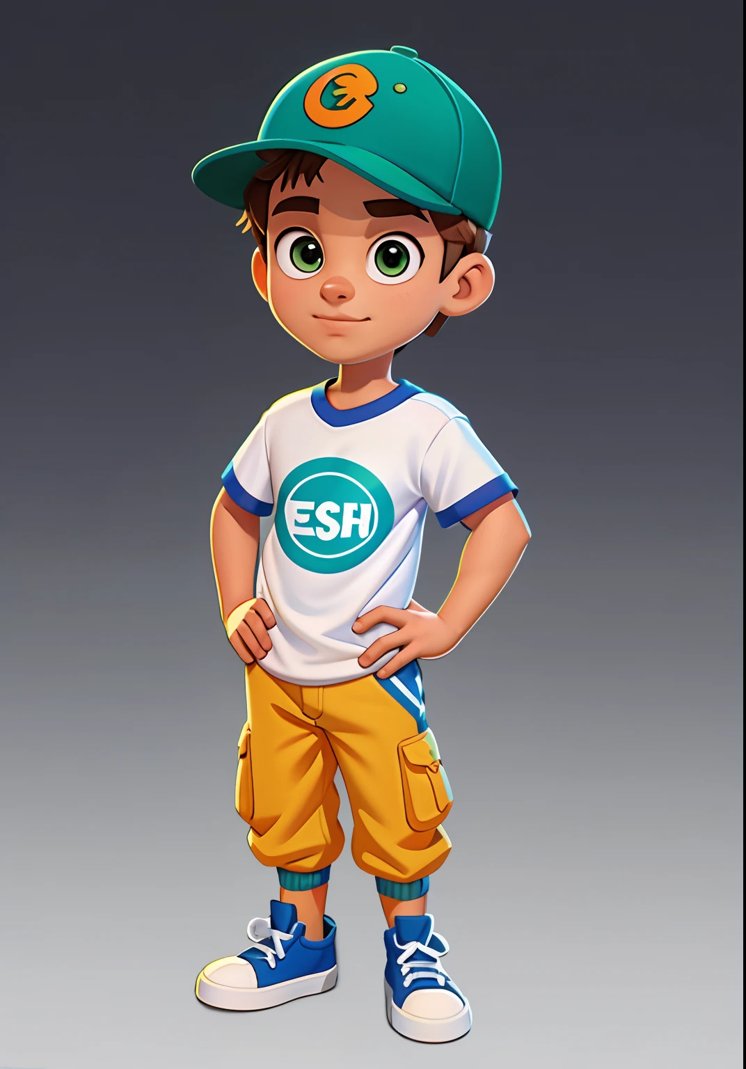 Cartoons europeus e americanos, personagens do jogo, projetos originais, 1st grade, Foco masculino, kalap, camisa, brown hair, sorrir, SHOES, corpo inteiro, Pulseira, boca aberta, camisa verde, Pants, Olhando para o Viewer, Standing, olhos azuis, GRADIENT BACKGROUND, fundo cinzento, Child, sneaker, gradiente, camiseta, male child, baseball cap, mangas curtas, fundo simples, gordura, dente, Realistic