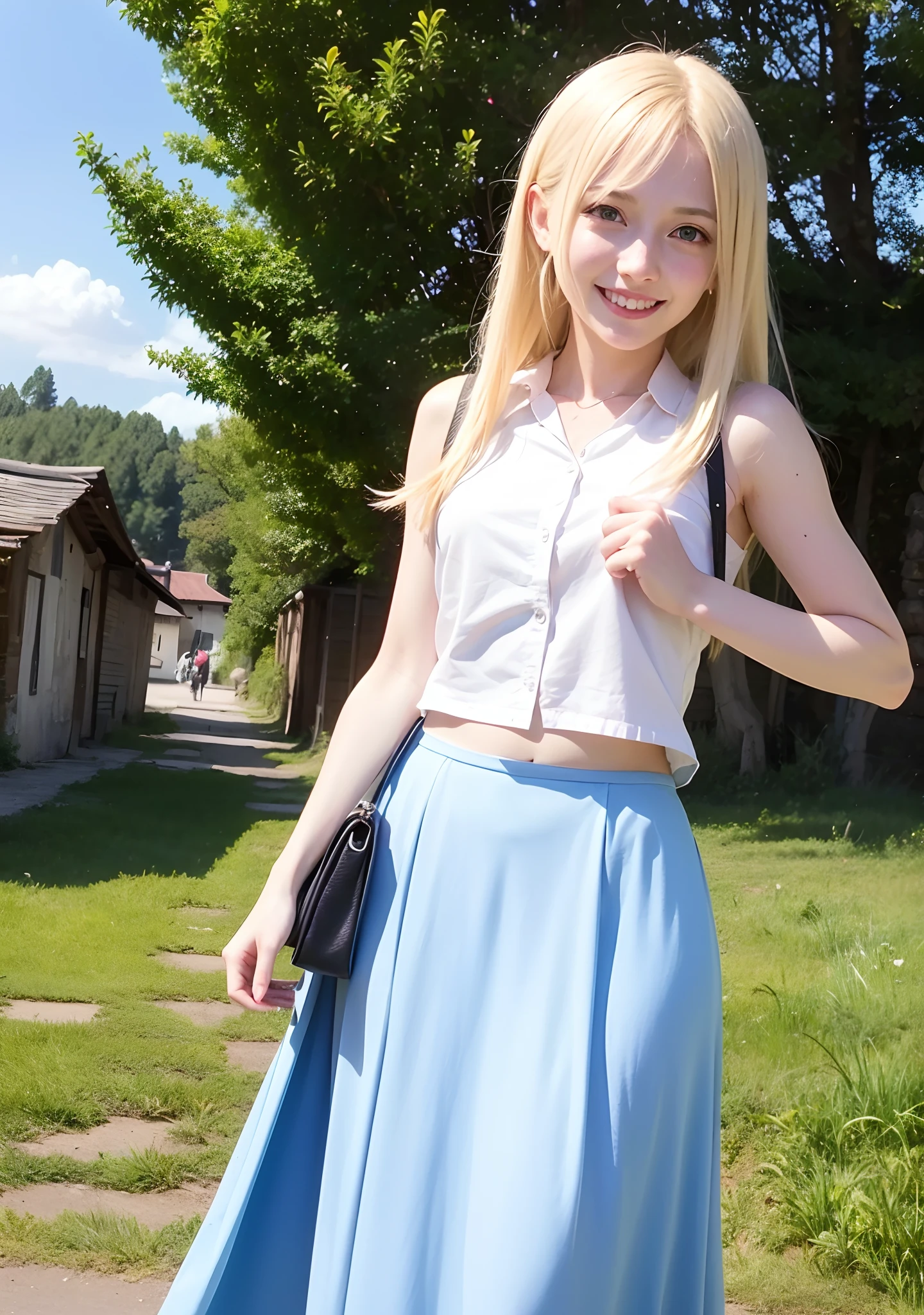 Beautiful long blonde Slender beautiful girl mini skirt Schoolyard Blue Eyes Beautiful smile mini skirt Squatting with legs apart Panties are visible Squat Facing forward