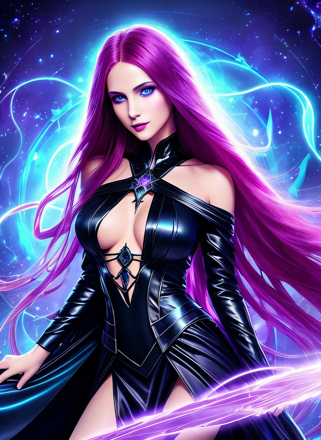 Powerful sorceress posing for a close up, enchantress in silky black dress (bare shoulders), long flowing red hair, wanting a kiss, facing viewer, looking at viewer, enticing viewer with purple magic, highly detailed face, alluring blue eyes, real, symmetrical, high detail, best quality, astral body, chaos atmosphere, 1female, bioluminescent magic elements, clothes, 8k purple magic