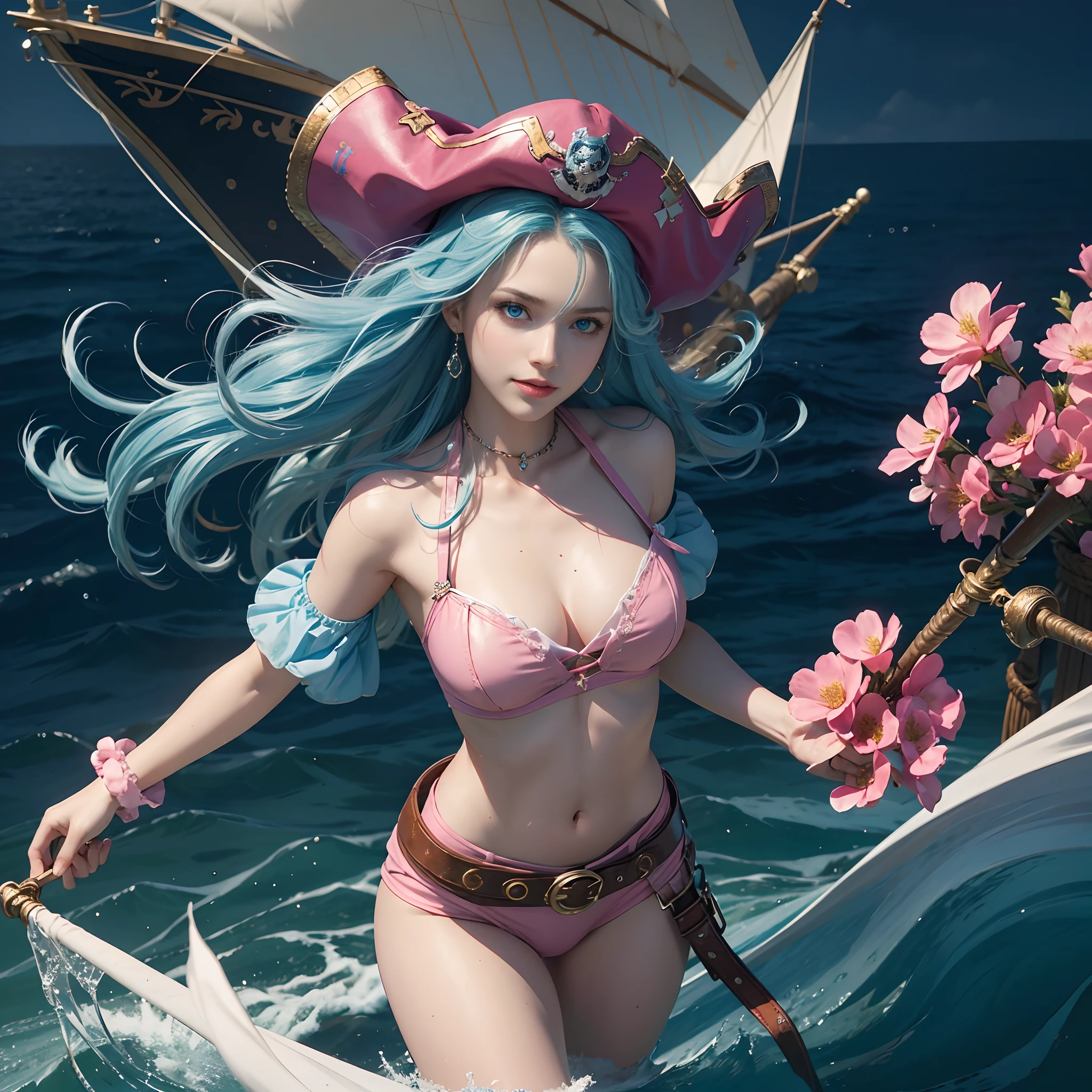 A full body picture of a movie scene featuring a pirate heroine in action scene smilling on top of a pirate ship, 1girl, pirates of the caribbean style, realistic, movie poster, a beautiful woman with long blue aqua hair with, wearing a pink pirate leather attire, pink hat, with a belt with a saber, pink flowers details, (8k, masterpiece, gorgeous), (beautiful face), blue eyes, highly detailed, sea scenario, majestic pose, cinematic, cinematographic