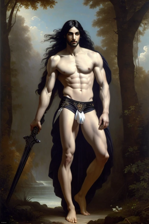 oil painting, oil on canvas, a slender and god-like seraphic Adonis with long cascading pitch black hair, dark black skin, shirtless, wearing ((white briefs, big bulge)) and wielding a Sword, dynamic full body pose, art style of Alexandre Cabanel, Daniel Gerhartz and Gaston Bussiere, classic art, neoclassic style