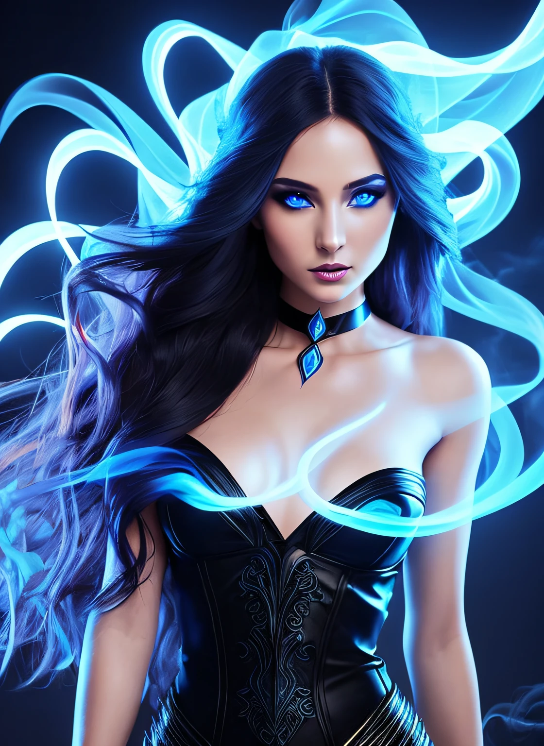 Powerful sorceress posing for a close up, enchantress in silky black dress (bare shoulders), long flowing hair, wanting a kiss, facing viewer, looking at viewer, enticing viewer with magic smoke, highly detailed face, alluring blue eyes, real, symmetrical, high detail, best quality, astral body, chaos atmosphere, 1female, bioluminescent magic smoke elements, clothes, 8k magic smoke