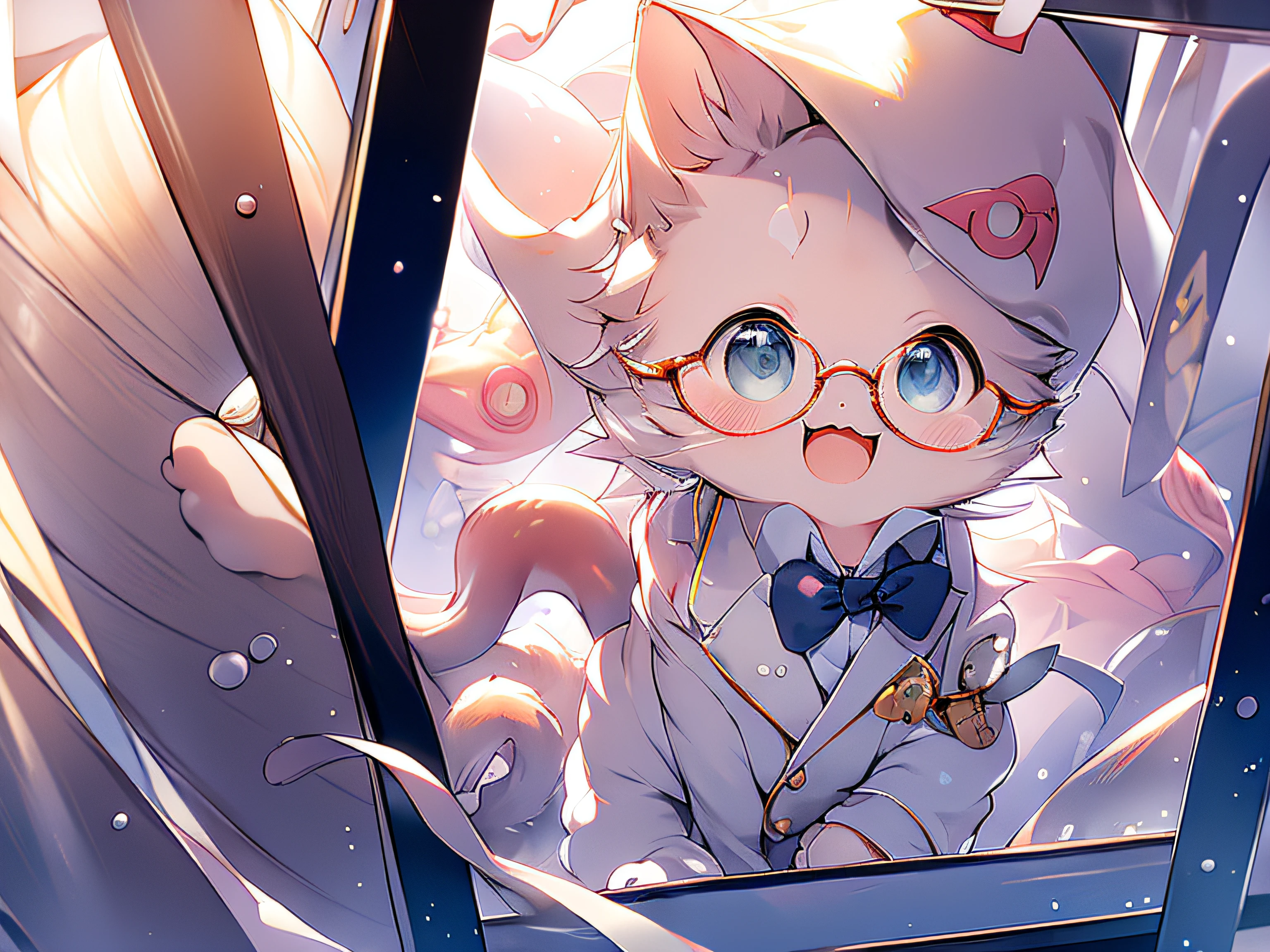 No man, no girl, No Human, Anime cat, :3, wearing cute (octopus hat), (Animal), view the viewer, Open mouth, with a pure white background, Smile, stylish navy blue suit,clean white shirt,crisp suit collar,banker pose,confident posture, fine pocket square,buttoned suit jacket,navy blue tie, waring circle glasses,glasses reflection,modern background,professional lighting,pleasant atmosphere