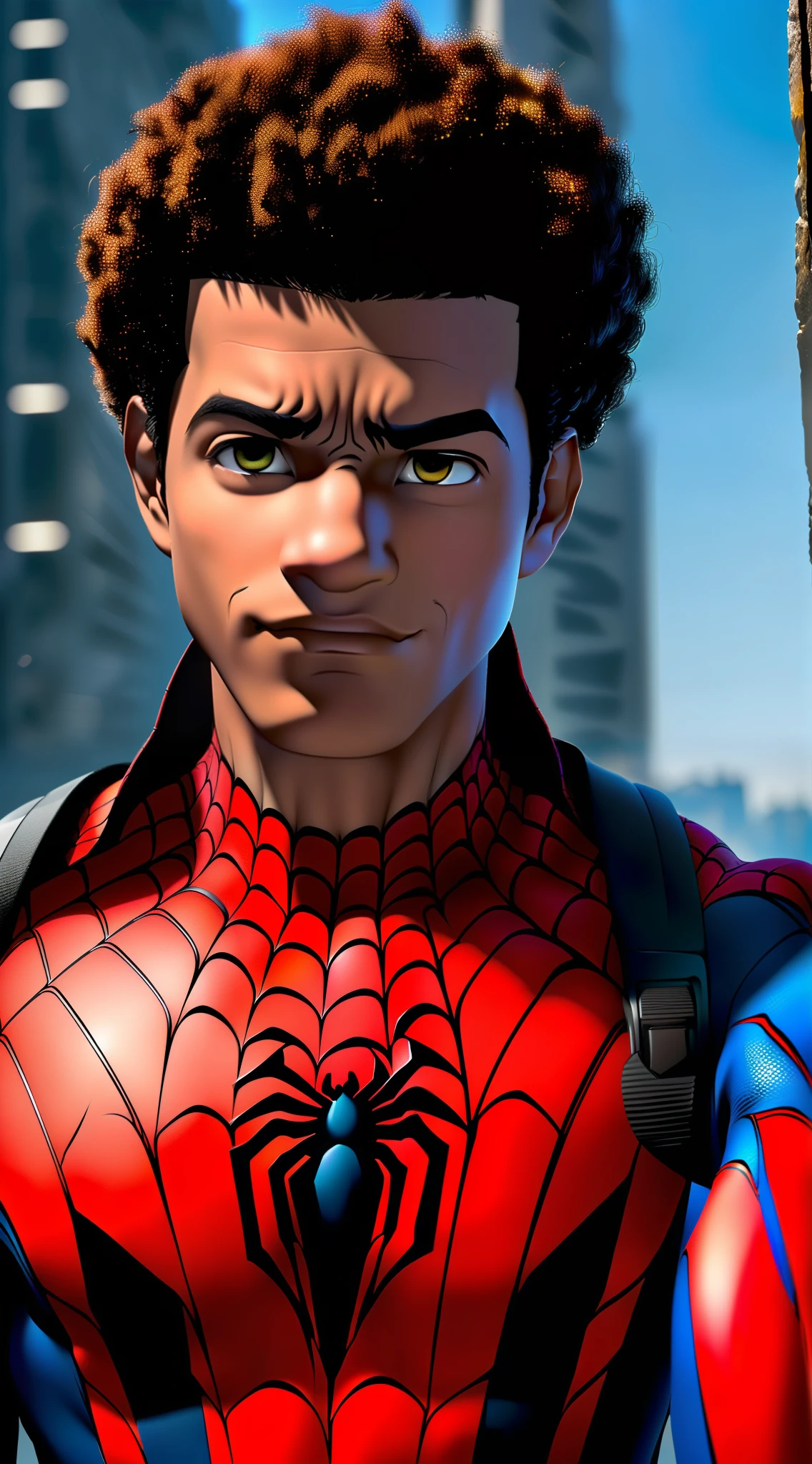 Mejor calidad, obra maestra, high resolusion, 1 macho, solo una persona, miles morales, spiderman,, cabello rizado, efecto Tindal, realismo de ismo, estudio oscuro, luz de borde, luz de dos tonos, (piel de alto detalle: 1.2), 8K UHD, DSLR, luz suave, alta calidad, Light Volumetric, foto, High resolution 4K, 8K, fondo claro, piel tralista detallada con poros