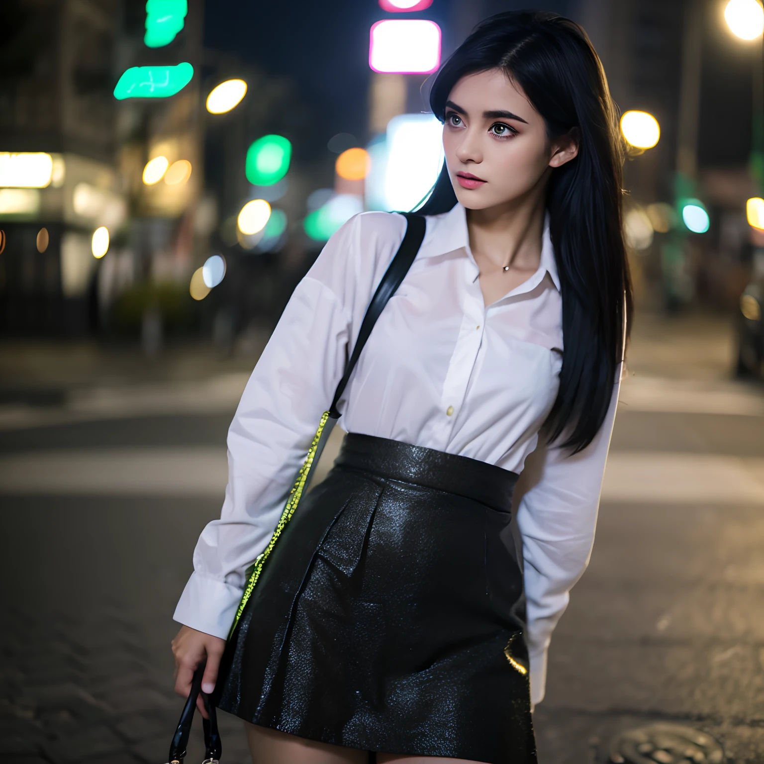 ((Realistic lighting, Best quality, 8K, Masterpiece: 1.3)), Focus: 1.2, 1girl, Perfect Figure: 1.4, Slim Abs: 1.1, ((straight black hair)), (white shirt: 1.4), black skirt, (Outdoor, Night: 1.1), city streets, neon lights, Super fine face, Fine eyes, emerald eyes, Double eyelids, absurdres