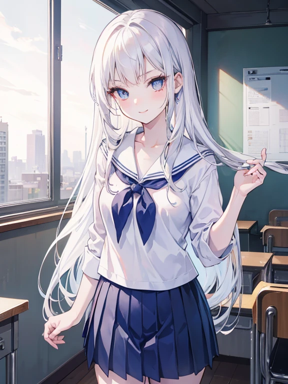 masutepiece, Highest Quality, (Perfect face:1.1), (high detailing:1.1), (ultradetailed eyes), Dramatic,  superfine illustration, Extremely detailed, 1girl in, (pale skin), long white hair, Ethereal eyes, (light eyebrow), ((Lovely smile)), Solo, Long hair, Pouty lips, Proud Expression, Cinematic lighting, Looking at Viewer, Cowboy Shot, BREAK blue skirt, kiyosumi school uniform, pleated skirt, school uniform, serafuku, skirt, BREAK indoors, classroom