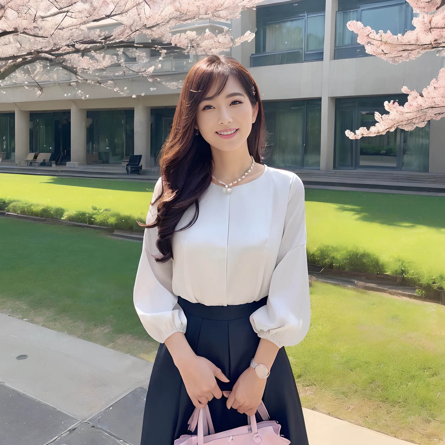 (((masutepiece、top-quality、Top image quality、in 8K、Award-Winning Works、a high chroma、Vivid、Bright and saturated、Very glamorous and refreshing atmosphere)))、(1人の女性,japanese beautiful woman,40 years、1 female、Old face、A MILF、Wrinkles on the face、Biggest smile、Ceremony Suit、jaket、Onepiece、Classy blouse、Wrinkles at the corners of the eyes、nasolabial folds)、(Navy Suit Jacket、Formal blouse、tight skirts、Navy jacket and tight skirt、Midi length skirt、Skirt without folds、Ceremony Suit)、(((High-quality tote bag1、I have one、The Perfect Pearl Necklace、Classy brooch、Classy corsage、Wearing a pearl necklace、She wears a large corsage on her chest、Luxurious corsage on the chest)))、((((The background is a large school in Japan、4-storey rectangular school building、Modern School、A school building that looks like a reinforced concrete school building、4-storey square building、Modern School、Square roof、Rectangular School、Reinforced Concrete Square School、Four Corners Glaze、Lots of square windows、Clean square window glass、Four corners glaze、Lots of square windows、Four-story New School、Beautiful school、Realistic school building with 4 floors、Perfectly recreated four-storey school building、Exterior of the school building、Four-story school building、Lots of square windows))))、(((Cherry blossom petals flutter、blue-sky、Clear blue sky、Beautiful blue sky、She's standing、A lot of cherry blossom petals are falling to the ground、waved hair、Beautiful wavy hair、Hair swaying in the wind、gentle wind、Hair swaying in the wind、Cherry blossom petals、Sunshine、Cherry blossom trees in full bloom、a lot of cherries、cherry blossom in full bloom、Lots of cherry trees、Perfect makeup, Looking at the camera,The most beautiful faces in Japan、Big smile、The happiest smile、Big smile、Biggest smile、A detailed face、Staring at this、Take a photo above from your lap、Elegant Hair、Slimed、Emphasize the bulge of the chest、super-fine、Formal hairstyle、Abundant hairline hair、perfect glossy skin、Perfect shiny hair、Detailed and complex background、Perfect Anatomy)))