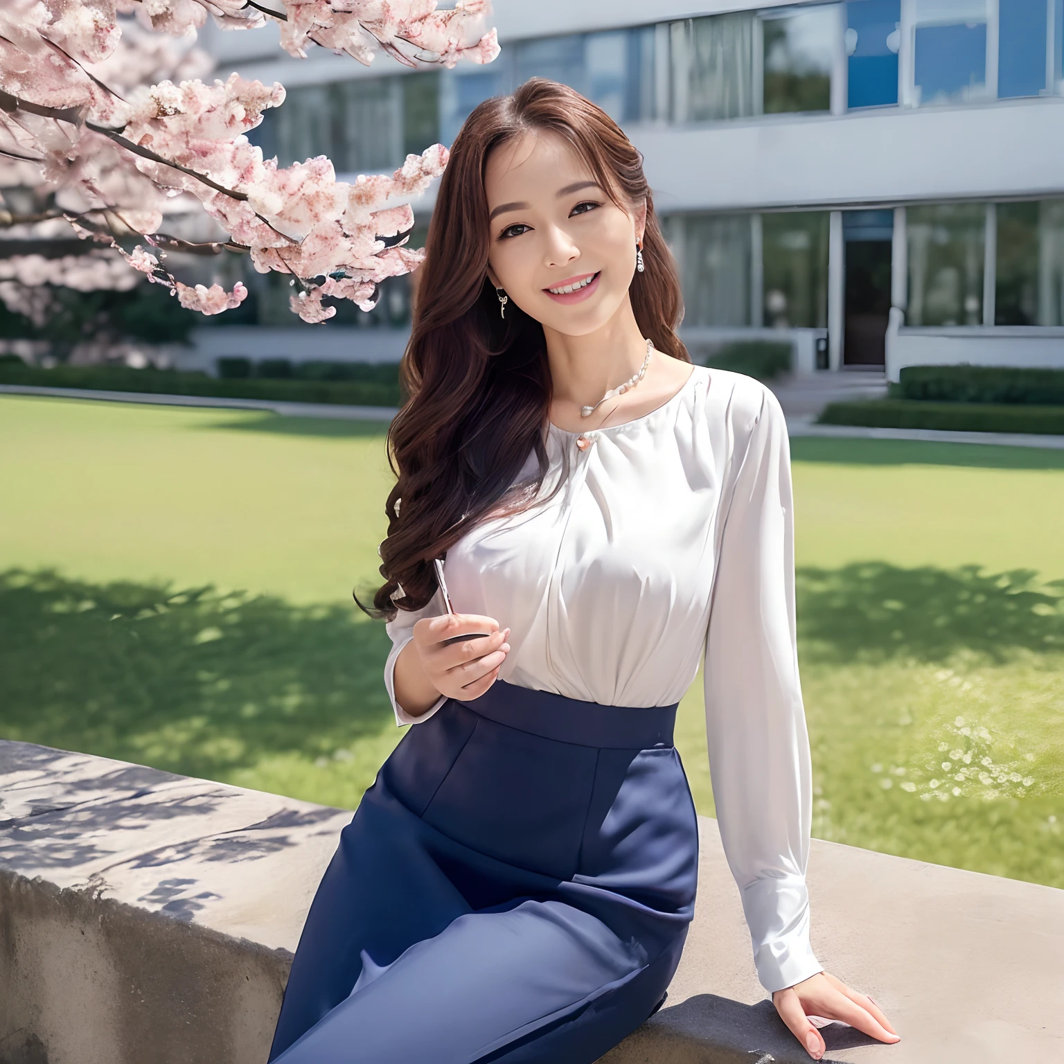 (((masutepiece、top-quality、Top image quality、in 8K、Award-Winning Works、a high chroma、Vivid、Bright and saturated、Very glamorous and refreshing atmosphere)))、(1人の女性,japanese beautiful woman,40 years、1 female、Old face、A MILF、Wrinkles on the face、Biggest smile、Ceremony Suit、jaket、Onepiece、Classy blouse、Wrinkles at the corners of the eyes、nasolabial folds)、(Navy Suit Jacket、Formal blouse、tight skirts、Navy jacket and tight skirt、Midi length skirt、Skirt without folds、Ceremony Suit)、(((High-quality tote bag1、I have one、The Perfect Pearl Necklace、Classy brooch、Classy corsage、Wearing a pearl necklace、She wears a large corsage on her chest、Luxurious corsage on the chest)))、((((The background is a large school in Japan、4-storey rectangular school building、Modern School、A school building that looks like a reinforced concrete school building、4-storey square building、Modern School、Square roof、Rectangular School、Reinforced Concrete Square School、Four Corners Glaze、Lots of square windows、Clean square window glass、Four corners glaze、Lots of square windows、Four-story New School、Beautiful school、Realistic school building with 4 floors、Perfectly recreated four-storey school building、Exterior of the school building、Four-story school building、Lots of square windows))))、(((Cherry blossom petals flutter、blue-sky、Clear blue sky、Beautiful blue sky、She's standing、A lot of cherry blossom petals are falling to the ground、waved hair、Beautiful wavy hair、Hair swaying in the wind、gentle wind、Hair swaying in the wind、Cherry blossom petals、Sunshine、Cherry blossom trees in full bloom、a lot of cherries、cherry blossom in full bloom、Lots of cherry trees、Perfect makeup, Looking at the camera,The most beautiful faces in Japan、Big smile、The happiest smile、Big smile、Biggest smile、A detailed face、Staring at this、Take a photo above from your lap、Elegant Hair、Slimed、Emphasize the bulge of the chest、super-fine、Formal hairstyle、Abundant hairline hair、perfect glossy skin、Perfect shiny hair、Detailed and complex background、Perfect Anatomy)))