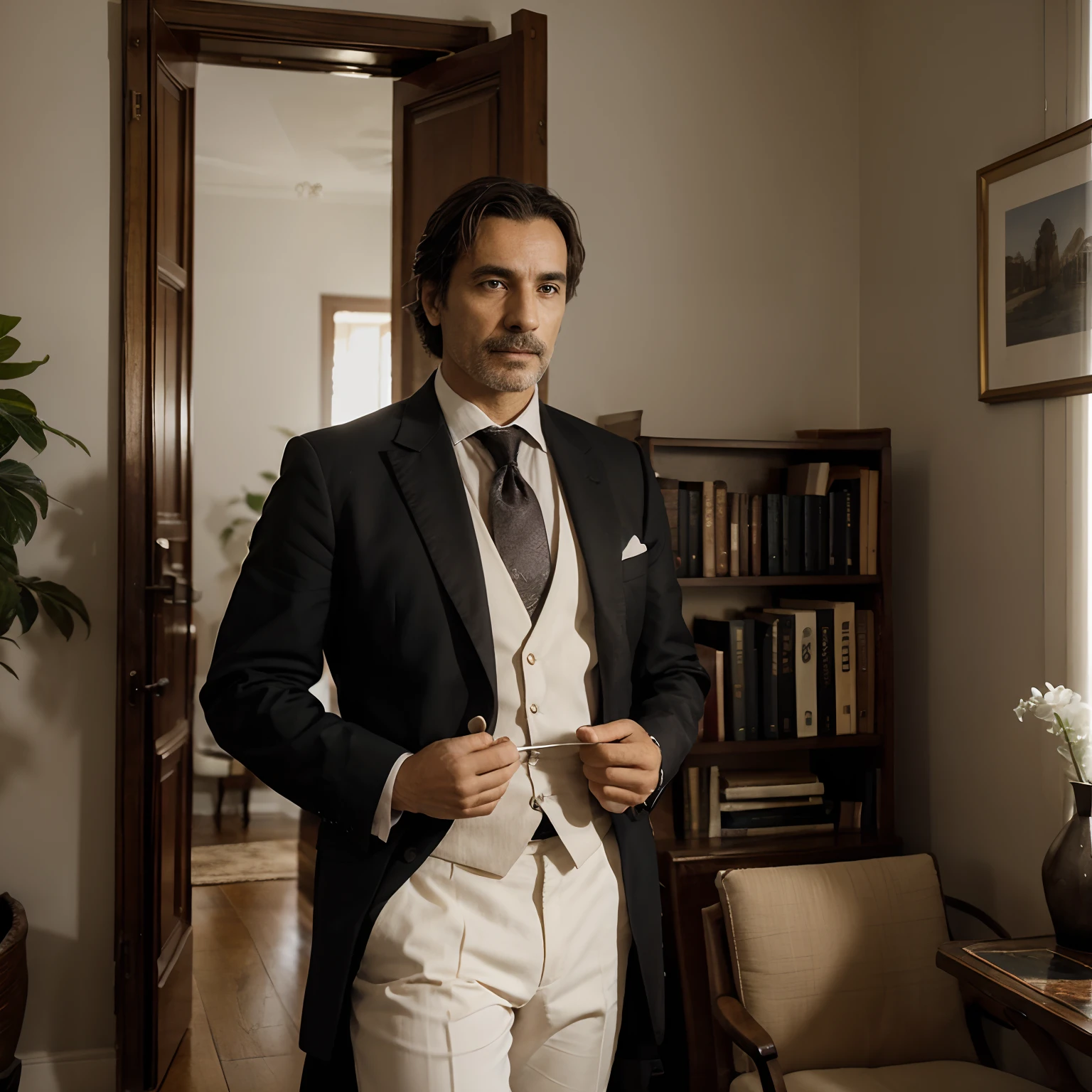 "Generate a black and white photographic image of a distinguished Spanish gentleman, around 45 years old, in a unique atmosphere. The scene unfolds in a simple yet well-decorated room with plants and a bookshelf. The gentleman, elegantly dressed, is not looking directly at the camera lens but is engaged in a captivating activity, such as flipping through a book or contemplating an object. Additionally, there is a classical guitar hanging on one of the walls of the room. The image should be captured by a camera with a 50mm lens, emphasizing details and textures. Capture the essence of the moment, conveying a sense of mystery and charm that envelops the unique personality of the Spanish gentleman and the surroundings. Ensure that the classical guitar on the wall adds a subtle touch to the overall ambiance."