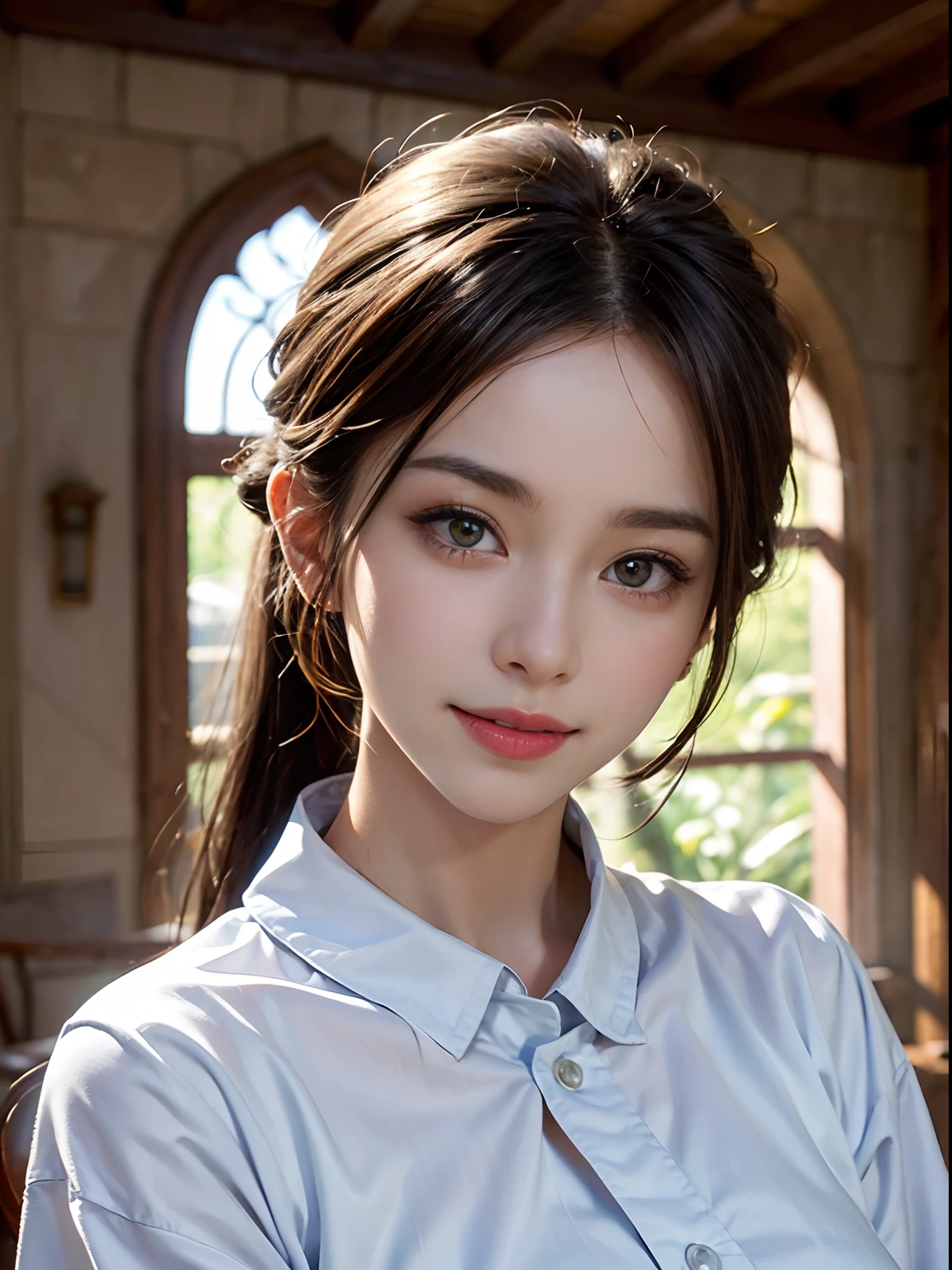 ropa blanca (Alta calidad de imagen 8K), (highest qualityr), (Calidad de imagen RAW),(Masutepiece:1.2), (realista), (fotorrealista:1.37),ojos grandes,long eyeslashes,exquisito(Realistic live-action style),La cara definitiva,Luz y sombra fotorrealistas,rasgos faciales claros,Piel lechosa,piel clara, HighDetailskin,Detalles realistas de la piel,Poro visible,(Super detail),La longitud del cabello larga, (cabello suelto),Los mejores retratos,Disparo desde corta distancia, 1-girl, Lindo,hermosos ojos detallados, hermosa nariz detallada, Piel altamente detallada,cuerpo completo ,(contacto visual),(Tetas colosales、Abundancia de senos)、(Beautiful face with double eyelids), (realismo: 1.4),High image quality, Excelentes detalles, Ultra-high resolution, (Muestra tu mejor sonrisa a la audiencia), , Detalles del favor,,Rostro delicado y hermoso,,20 year,(Cara hermosa 1.4),Un esbelto, (Jersey de punto azul con cuello alto:1.2)、(In a sanctuary with an autumnal atmosphere,Hojas coloreadas)),Muestra tu sonrisa.