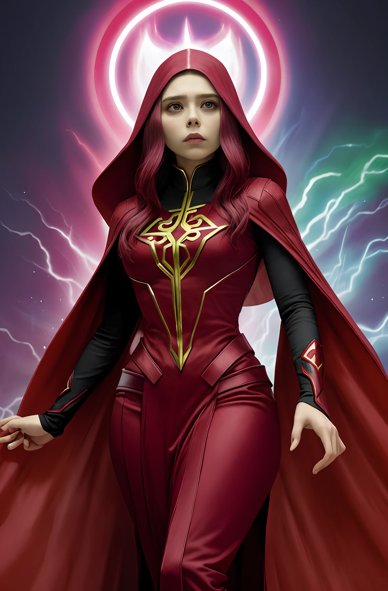 Elizabeth Olsen como la Bruja escarlata de Marvel. Vestimenta de color rojo vino y mostrando su piel, cabello rojizo, largo y ondulado con un aura de color rojo. Cuerpo curvilineo con senos grandes