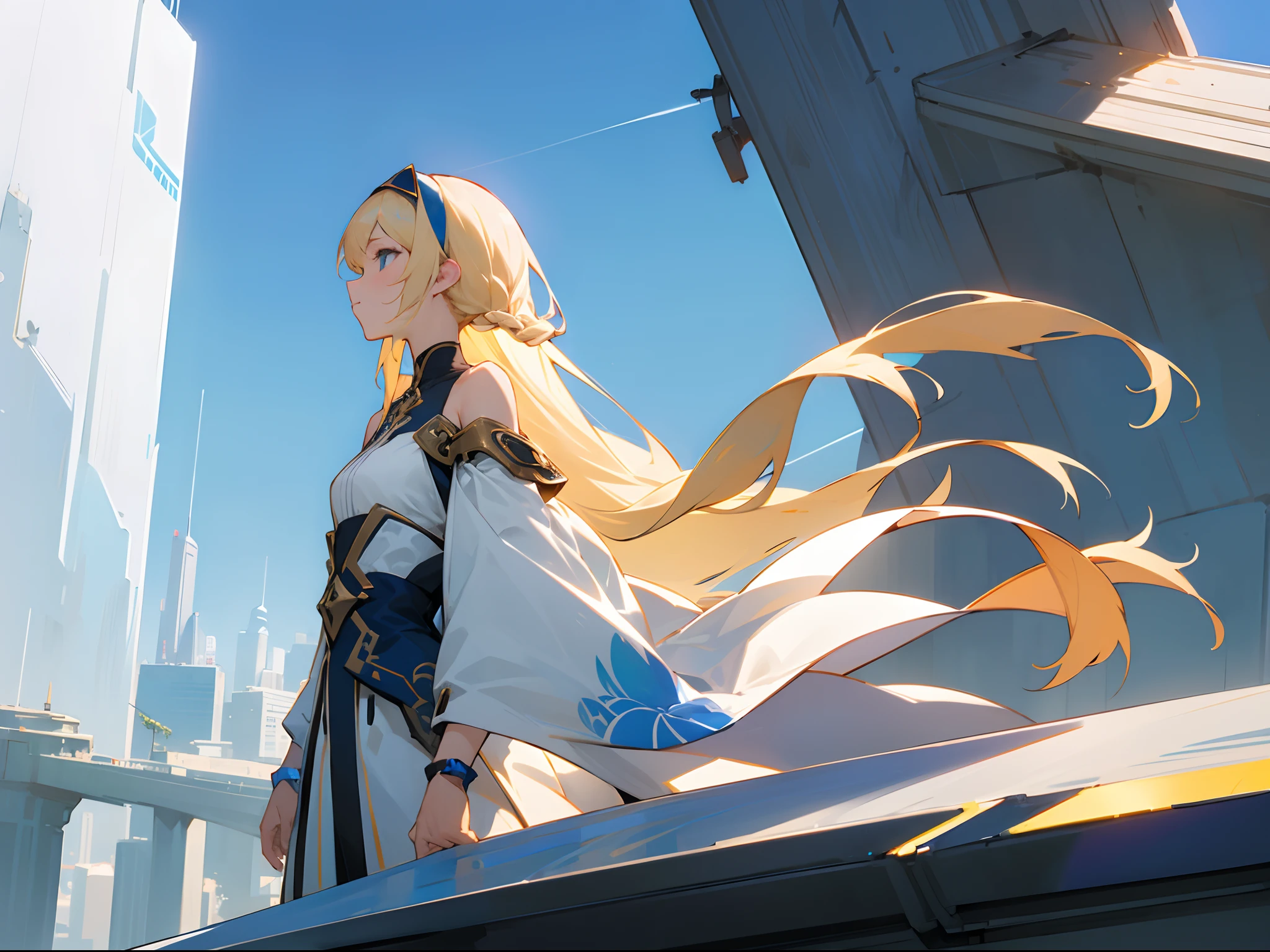 Futuristic skyscraper rooftop in the blue sky、Contre-Jour、Pure white shoulder dress、Profile of blonde long haired girl wearing a hairband、Alfonse Mucha、
