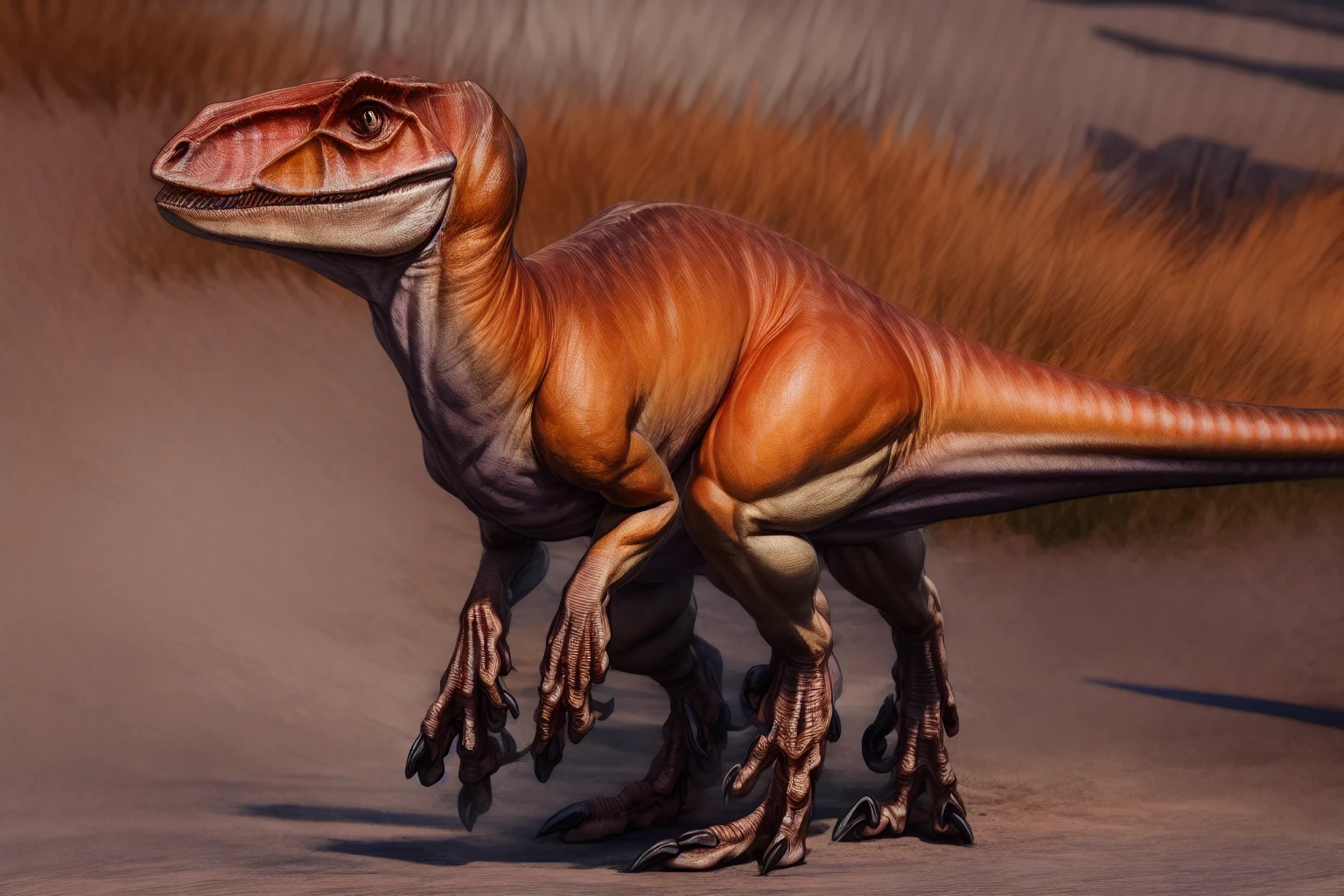 ((solo)), realistic, high quality, 4k, 8k, uploaded on e621, highly detailed, highest resolution, upscale, ((feral), velociraptor), (nsfw), female, anatomically correct, adult, standing, rear view, spread legs, innie pussy, cute pussy, horny, sexy look, wide hips, thick thighs, raised tail, long legs, detailed background, by Enki Bilal, by wolfy-nail, by Michael & Inessa Garmash, Ruan Jia, by drmax,