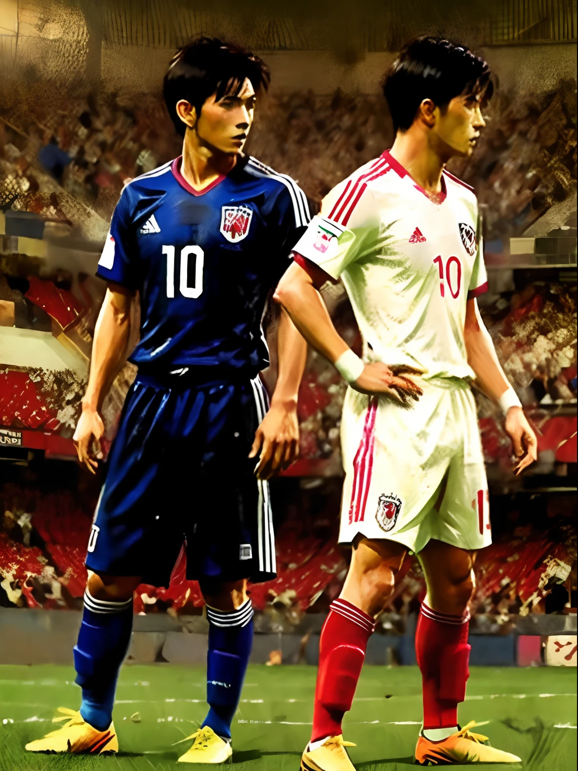 Homem Soccer Player face, style greg rutkowski realist, style anime, Japanese 17 years, no campo de futebol