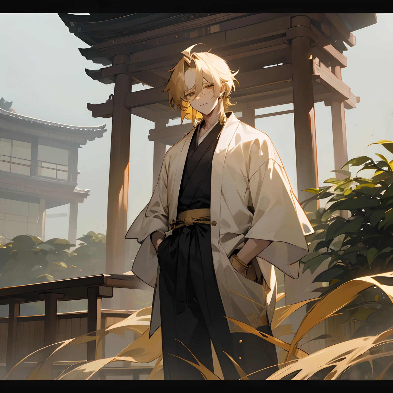 1male , Young Male , Messy Golden Hair , Golden eyes , white and Golden Haori and a black shirt underneath with black plants , standing on top of an old Japanese temple