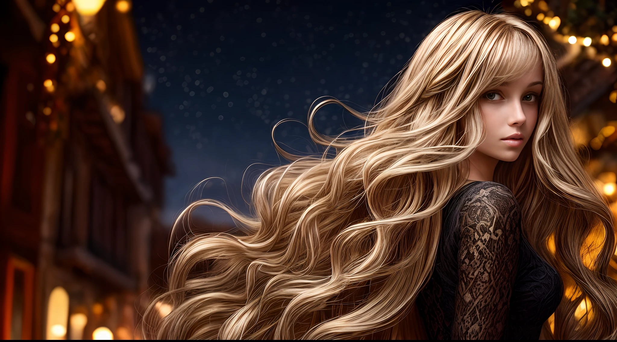 hermosa mujer rubia oscura, cuerpo completo, Long medium wavy hair with Californian highlights in a Christmas atmosphere