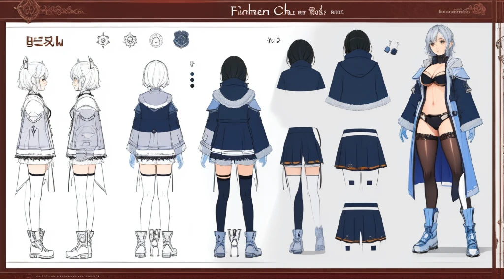 modern alternative or gothic outfit design, clothing design sheet, character design sheet, colorful designs, detailed textures and layers, puffy sleeved cropped shirt, fishnet shirt, fishnet stockings, black shorts, platform boots, layered silver jewlery