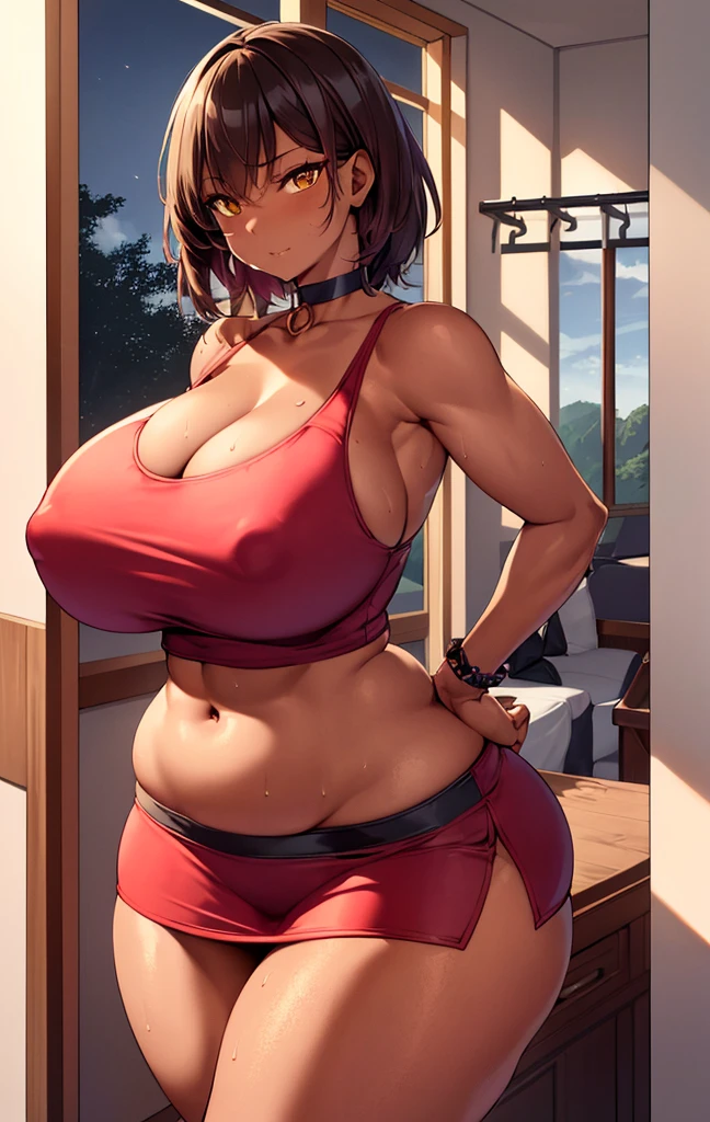 (highres, best quality:1.2), intricate details, vibrant image, sharpness, colorful,
ShioriNishimura, dark skin, dark-skinned female, solo, mature female, milf, looking at viewer, hands on hips, cowboy shot, room, indoors, window, tree, sky,
brown hair, short hair, makeup, brown eyes, perfect eyes, perfect face, detailed face, (choker:1.1),
red tank top, pencil skirt, navel, midriff,
sweat, curvy, (huge breasts:1.1), thighs, narrow waist,, (wide hips:1.2), (big buttocks:1.2), (thick thighs:1.2), (small waist:1.2), (gigantic breasts:1.2)