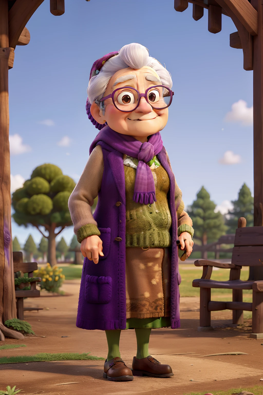 masterpiece, best quality, an old woman with glasses and a scarf on, wearing a purple coat and green scarf, standing at the park