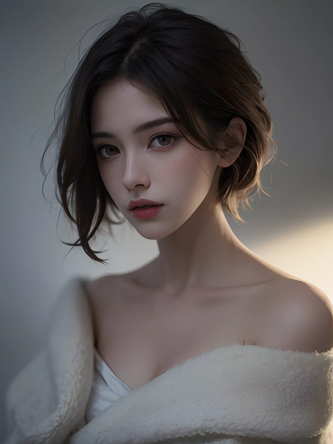 Best quality, masterpiece, ultra high res, (photorealistic:1.5), raw photo, 1girl, offshoulder, in the dark, deep shadow, low key, cold light, sexy look, short hair