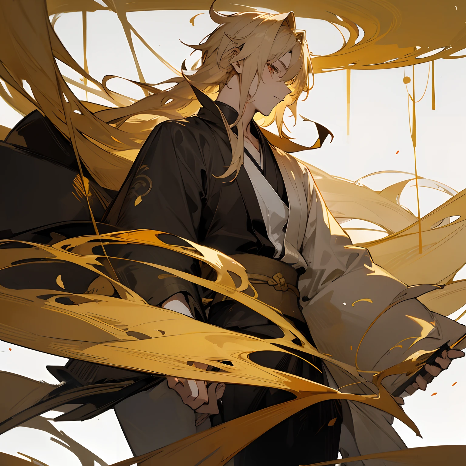 1male , Young Male , Messy Golden Hair , Golden eyes , white and Golden Haori and a black shirt underneath with black plants , standing on top of an old Japanese temple