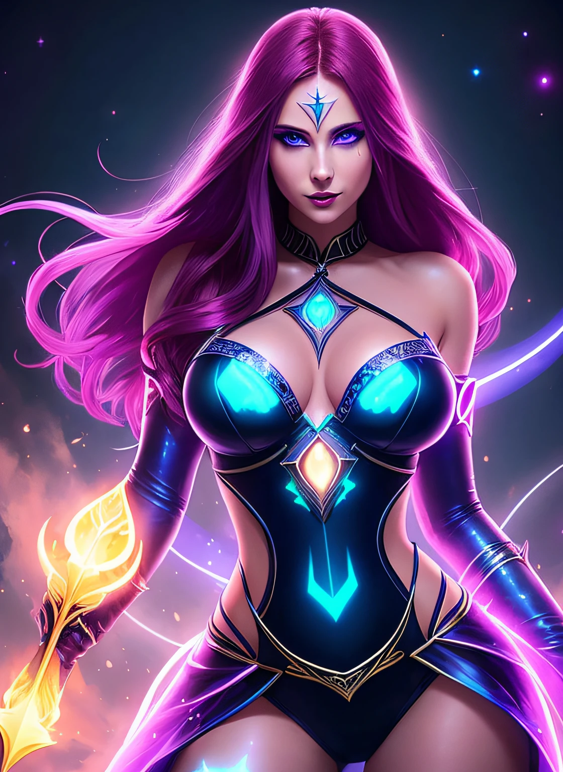 Powerful sorceress posing for a close up, enchantress in glowing dress (bare shoulders), hourglass figure, curvy, cleavage, long flowing red hair, wanting a kiss, facing viewer, looking at viewer, enticing viewer with purple magic, highly detailed face, alluring blue eyes, real, symmetrical, high detail, best quality, astral body, chaos atmosphere, 1female, bioluminescent magic elements, clothes, 8k purple magic