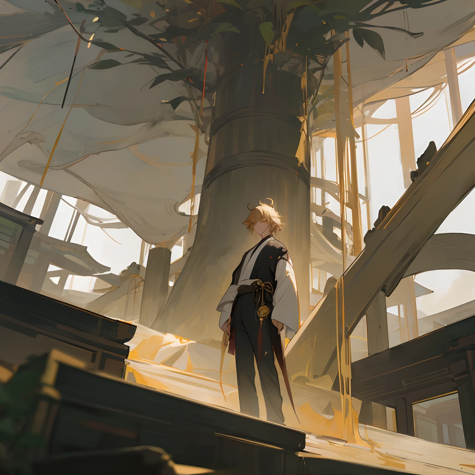 1male , Young Male , Messy Golden Hair , Golden eyes , white and Golden Haori and a black shirt underneath with black plants , standing on top of an old Japanese temple