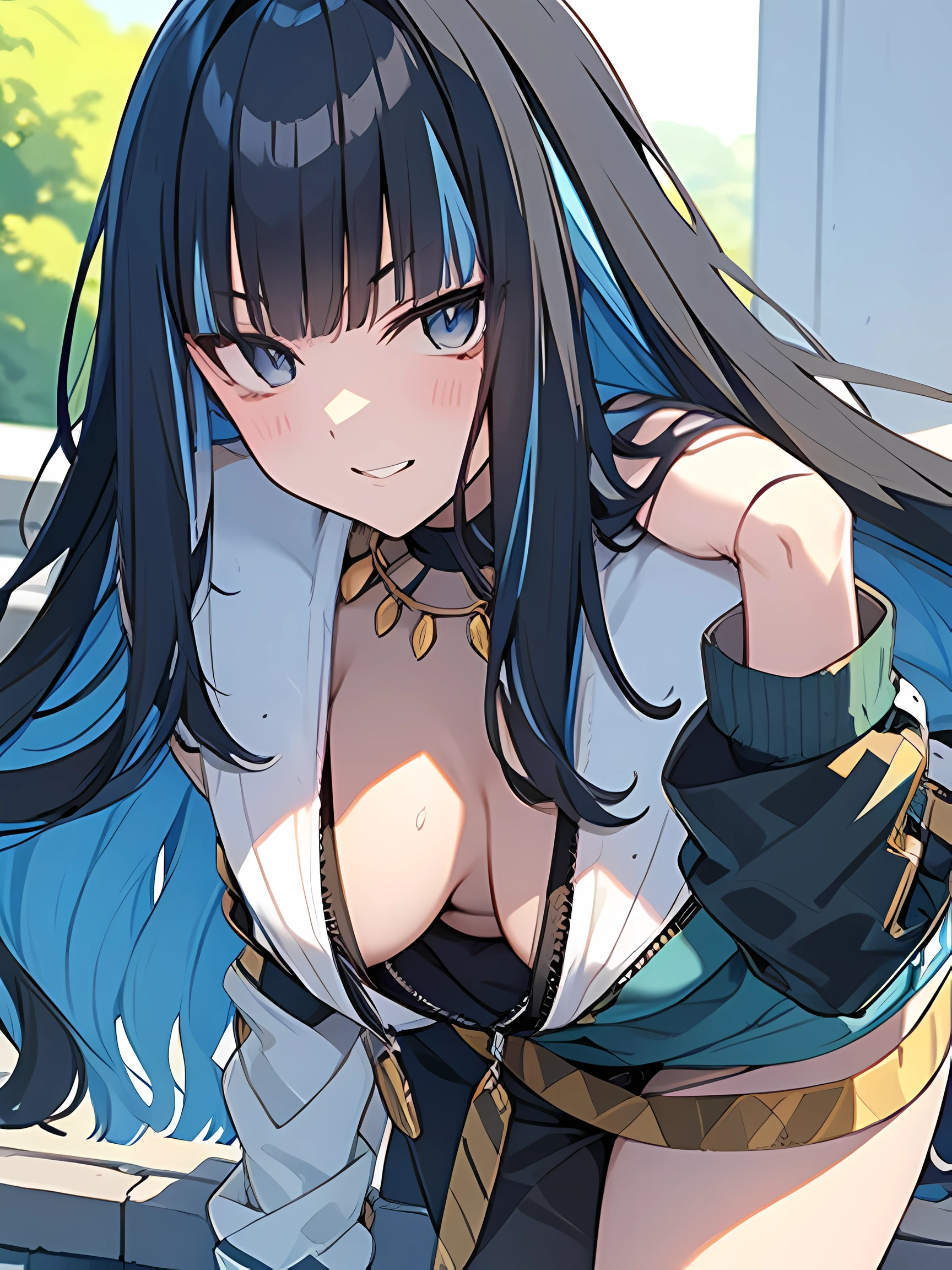 long black hair with blue highlights, (leaning forward), cleavage, teasing, looking at viewer, from above, third ascension, smirk, (downblouse)
