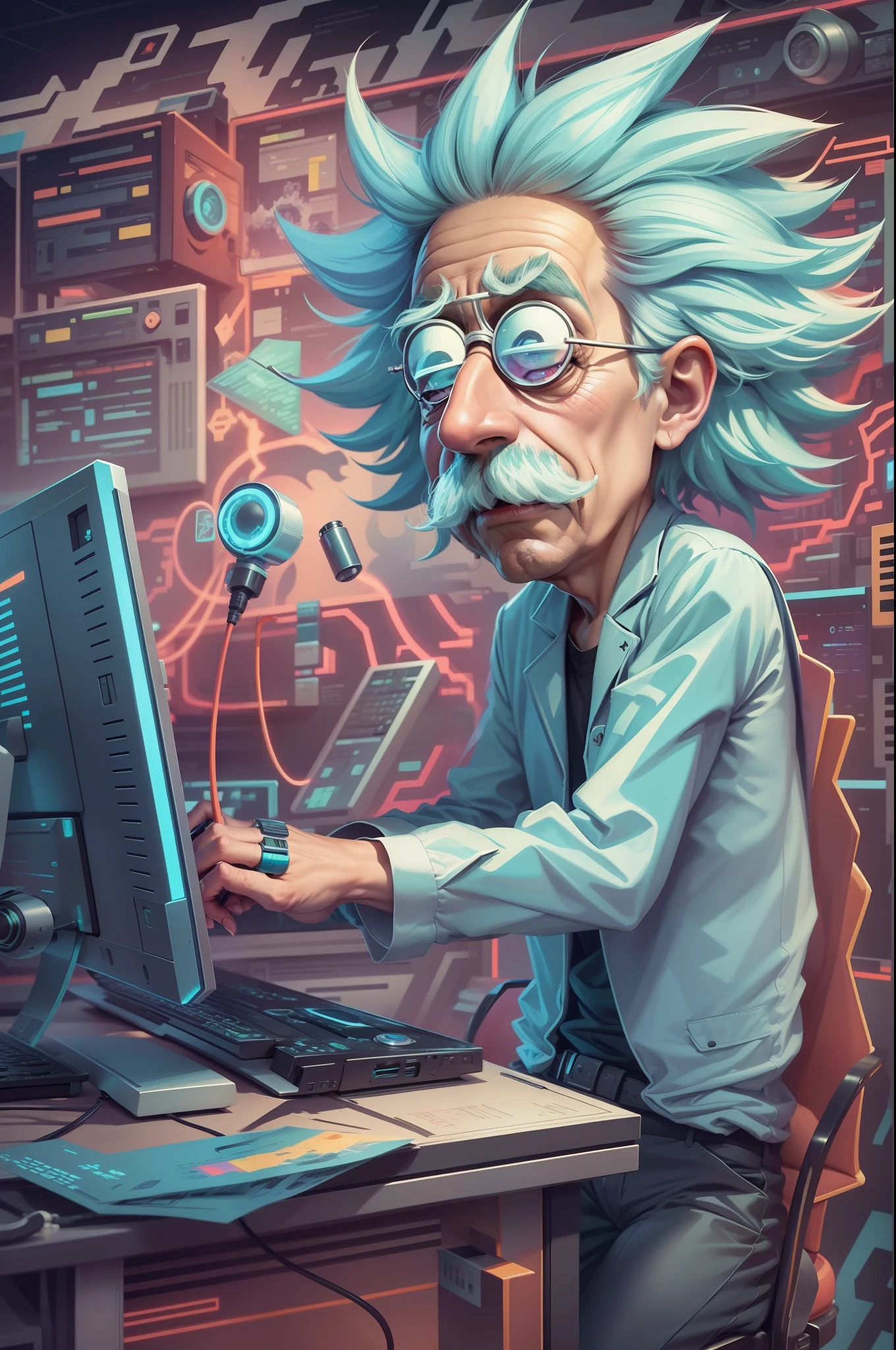 An Albert Einstein as rick sanchez from the Rick And morty cartoon,style 2D drawing, with a very colorful and science fiction background, working on a very focused computer, uhd, 16k, realistic