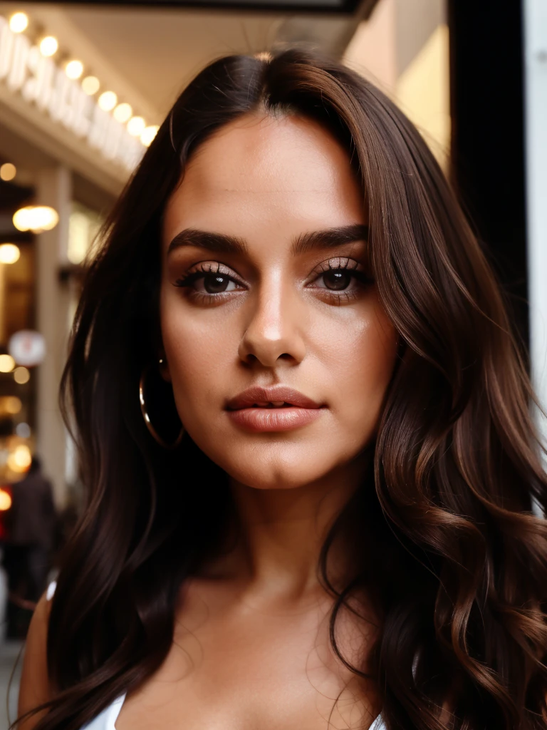 Sexy woman, Ireland, 30 years, cute, neat face, detailed, small neat nose, neat plump lips, big eyes, brown eyes, Alice Milano, long hair, curly hair, natural shine, chocolate hair, portrait, focus on face, gorgeous, city girl,western, hot girl, shopping in the city, (masterpiece), best quality, high resolution, extremely detailed, depth of field