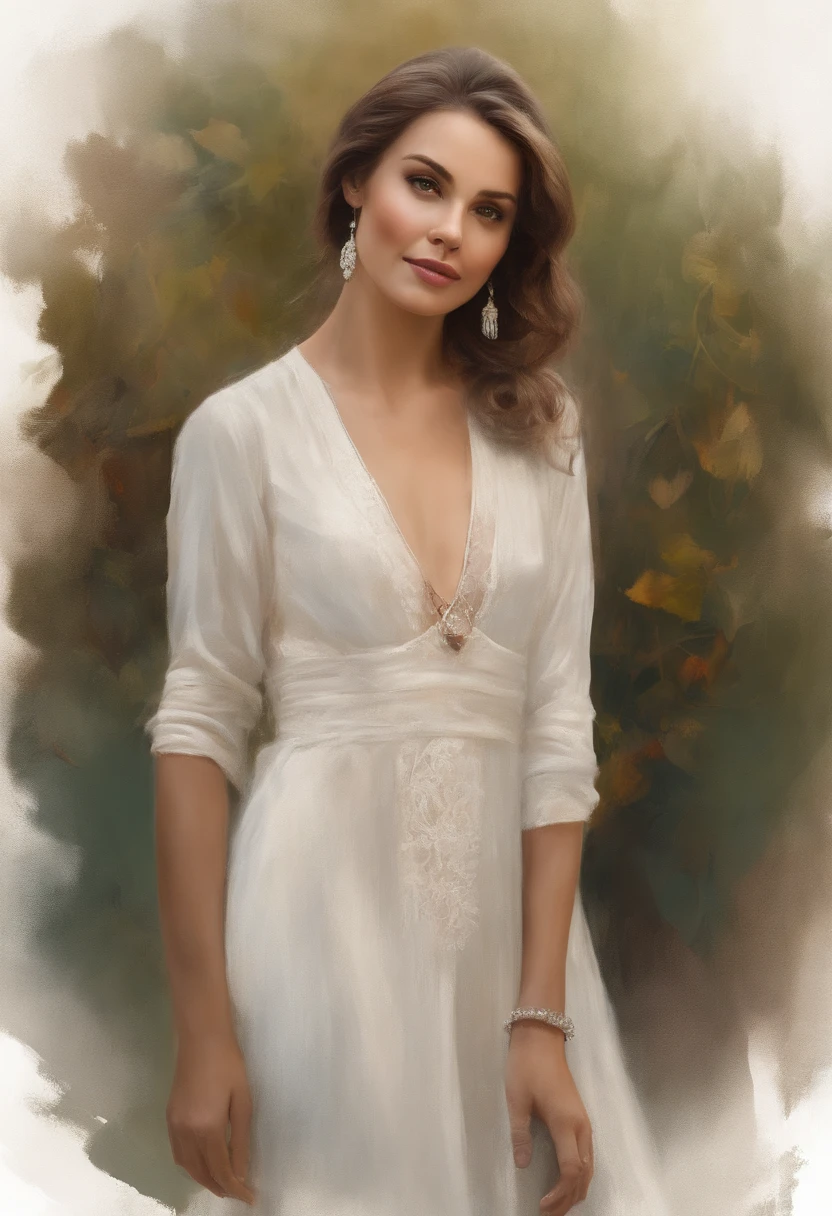 A girl named Avi with soft flowing chestnut hair, always styled in a neat and simple way. Her elegant face is always adorned with a gentle smile, giving off a warm and welcoming vibe. Avi's fashion style is a perfect blend of trendy and professional, showcasing her business acumen while maintaining a sense of feminine charm. Medium: Oil painting, with intricate brushwork and rich textures. Additional details: The garden surrounding Avi is lush and vibrant, with colorful flowers blooming in every corner. Avi is holding a delicate bouquet of roses, adding a touch of elegance to the scene. The sunlight filters through the trees, casting a warm and inviting glow over her and the garden. Image quality: (best quality, highres:1.2), ultra-detailed, photorealistic:1.37. Each brushstroke and strand of hair is meticulously detailed, creating a lifelike portrayal of Avi. The colors are vivid and vibrant, with a wide range of tones, enhancing the overall realism of the image. Art style: Portrait. The focus of the painting is Avi herself, capturing her essence and personality in a timeless manner. The portrait is done in a classical style, reminiscent of the Renaissance era, with a modern twist. Color palette: Warm tones dominate the painting, with a harmonious blend of earthy browns, soft pinks, and hints of golden hues. These warm colors complement Avi's features and add to the inviting atmosphere of the scene. Lighting: Soft, diffused lighting illuminates Avi's face, emphasizing her features and creating a natural glow. The light filters through the trees, casting dappled shadows on the ground and adding depth to the overall composition. Remember to remove any explanations and format the prompt using commas as separators.