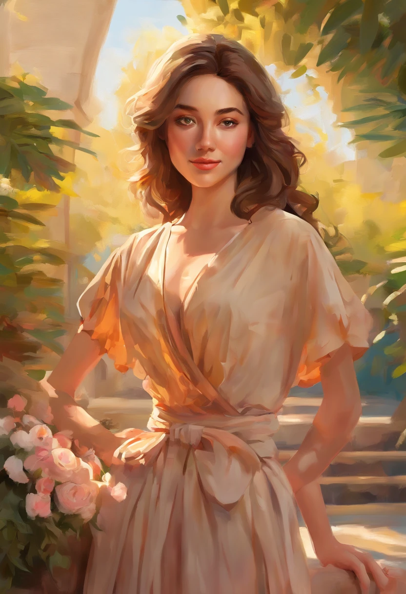 A girl named Avi with soft flowing chestnut hair, always styled in a neat and simple way. Her elegant face is always adorned with a gentle smile, giving off a warm and welcoming vibe. Avi's fashion style is a perfect blend of trendy and professional, showcasing her business acumen while maintaining a sense of feminine charm. Medium: Oil painting, with intricate brushwork and rich textures. Additional details: The garden surrounding Avi is lush and vibrant, with colorful flowers blooming in every corner. Avi is holding a delicate bouquet of roses, adding a touch of elegance to the scene. The sunlight filters through the trees, casting a warm and inviting glow over her and the garden. Image quality: (best quality, highres:1.2), ultra-detailed, photorealistic:1.37. Each brushstroke and strand of hair is meticulously detailed, creating a lifelike portrayal of Avi. The colors are vivid and vibrant, with a wide range of tones, enhancing the overall realism of the image. Art style: Portrait. The focus of the painting is Avi herself, capturing her essence and personality in a timeless manner. The portrait is done in a classical style, reminiscent of the Renaissance era, with a modern twist. Color palette: Warm tones dominate the painting, with a harmonious blend of earthy browns, soft pinks, and hints of golden hues. These warm colors complement Avi's features and add to the inviting atmosphere of the scene. Lighting: Soft, diffused lighting illuminates Avi's face, emphasizing her features and creating a natural glow. The light filters through the trees, casting dappled shadows on the ground and adding depth to the overall composition. Remember to remove any explanations and format the prompt using commas as separators.