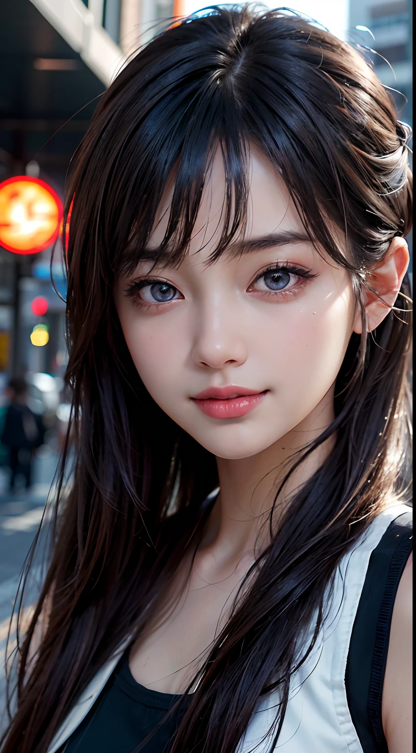 Masterpiece, 1 Beautiful Girl, Detailed, Swollen Eyes, Top Quality, Ultra High Resolution, (Reality: 1.4), Original Photo, 1Girl, Cinematic Lighting, Smiling, Japanese, Asian Beauty, Korean, Clean, Super Beautiful, Little Young Face, Beautiful Skin, Slender, Cyberpunk Background, (ultra realistic), (high resolution), (8K), (very detailed), (best illustration), (beautifully detailed eyes), (super detailed), (wallpaper), (detailed face), viewer looking, fine detail, detailed face, pureerosfaceace_v1, smiling, 46 point slanted bangs, looking straight ahead, neat clothes, dark colored eyes, clothes sleeveless, body facing front,