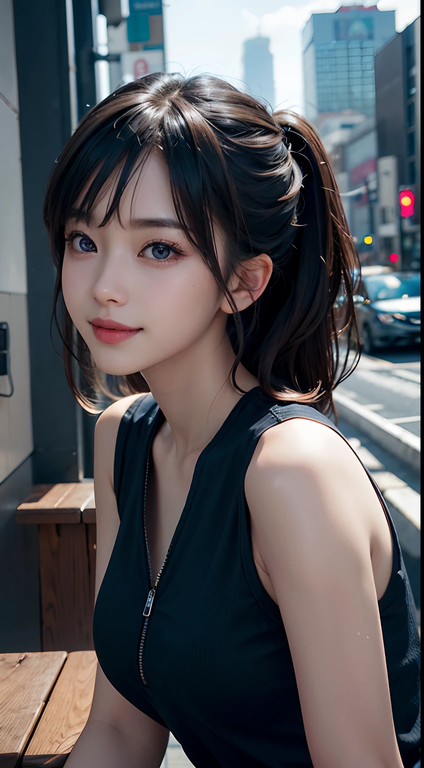 Masterpiece, 1 Beautiful Girl, Detailed, Swollen Eyes, Top Quality, Ultra High Resolution, (Reality: 1.4), Original Photo, 1Girl, Cinematic Lighting, Smiling, Japanese, Asian Beauty, Korean, Clean, Super Beautiful, Young Face, Beautiful Skin, Slender, Cyberpunk Background, (ultra realistic), (high resolution), (8K), (very detailed), (best illustration), (beautifully detailed eyes), (super detailed), (wallpaper), (detailed face), viewer looking, fine detail, detailed face, pureerosfaceace_v1, smiling, 46 point slanted bangs, looking straight ahead, neat clothes, dark colored eyes, clothes sleeveless, body facing front,